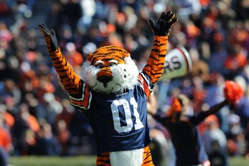 AUBURN, AL - NOVEMBER 06:  The mascot of the Auburn Tigers leads cheers before play against the Chattanooga Mocs November 6, 2010 at Jordan-Hare Stadium in Auburn, Alabama.  (Photo by Al Messerschmidt/Getty Images)