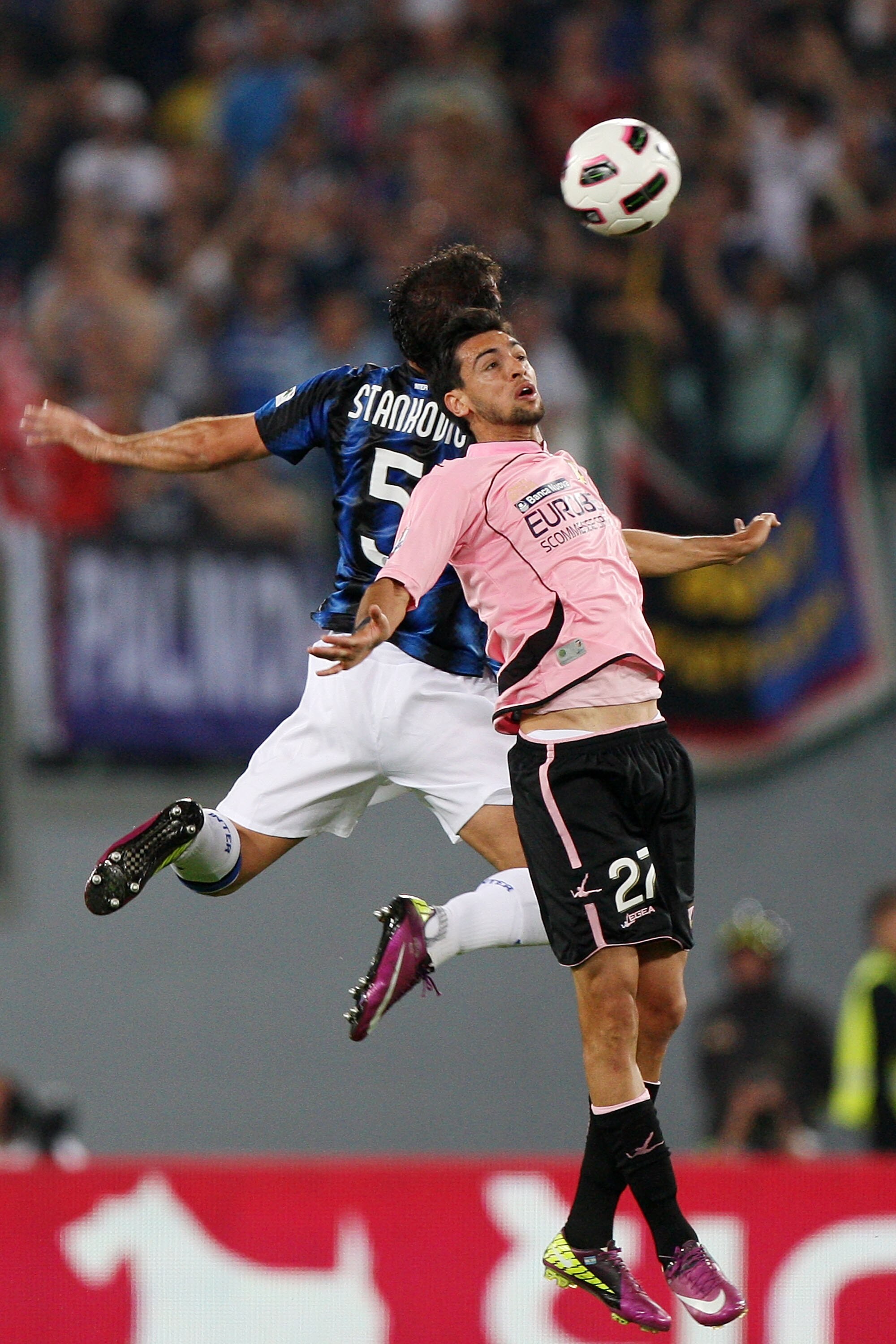ROME, ITALY - MAY 29:  Dejan Stankovic (L) of FC Internazionale Milano competes for the ball with Javier Pastore of US Citta di Palermo during the Tim Cup final between FC Internazionale Milano and US Citta di Palermo at Olimpico Stadium on May 29, 2011 i