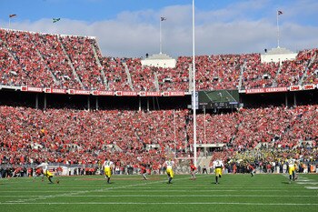 COLUMBUS, OH - NOVEMBER 27:  The Michigan Wolverines kick off to the Ohio State Buckeyes at Ohio Stadium on November 27, 2010 in Columbus, Ohio.  (Photo by Jamie Sabau/Getty Images)