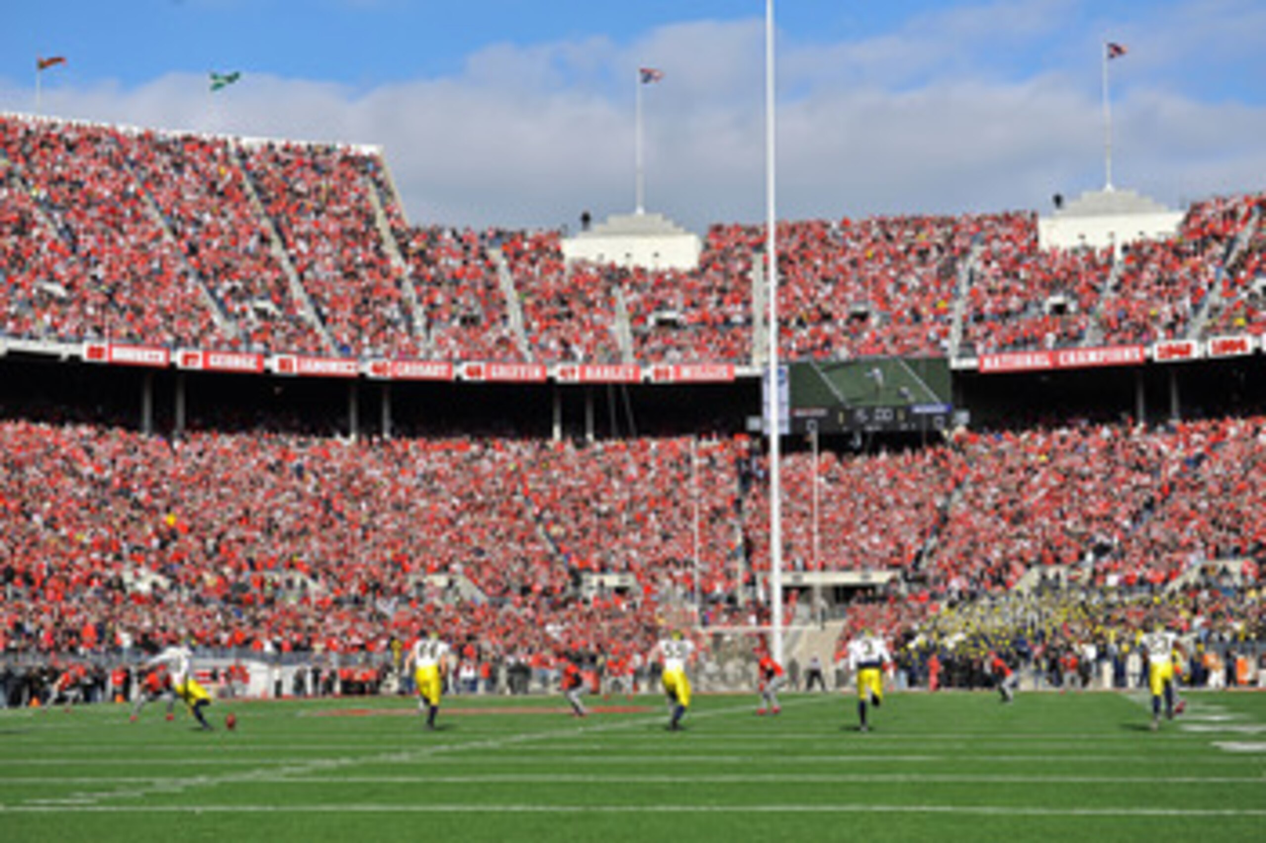 COLUMBUS, OH - NOVEMBER 27:  The Michigan Wolverines kick off to the Ohio State Buckeyes at Ohio Stadium on November 27, 2010 in Columbus, Ohio.  (Photo by Jamie Sabau/Getty Images)