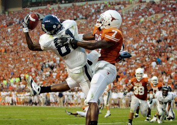 AUSTIN, TX - SEPTEMBER 20:  Cornerback Deon Beasley #7 of the Texas Longhorns gets called for pass interference as wide receiver Jarett Dillard #81 of the Rice Owls drops a pass in the endzone in the second quarter on September 20, 2008 at Darrell K Royal