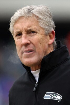 CHICAGO, IL - JANUARY 16:  Head coach Pete Carroll of the Seattle Seahawks looks on during pregame warmups before the Seahawks take on the Chicago Bears in the 2011 NFC divisional playoff game at Soldier Field on January 16, 2011 in Chicago, Illinois.  (P