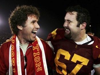 LOS ANGELES, CA - NOVEMBER 18:  Actor Will Farrell (L) and Ryan Kalil #67 of the USC Trojans celebrate a 23-9 win over the California Golden Bears during the game at the Los Angeles Memorial Coliseum on November 18, 2006 in Los Angeles, California.  (Phot