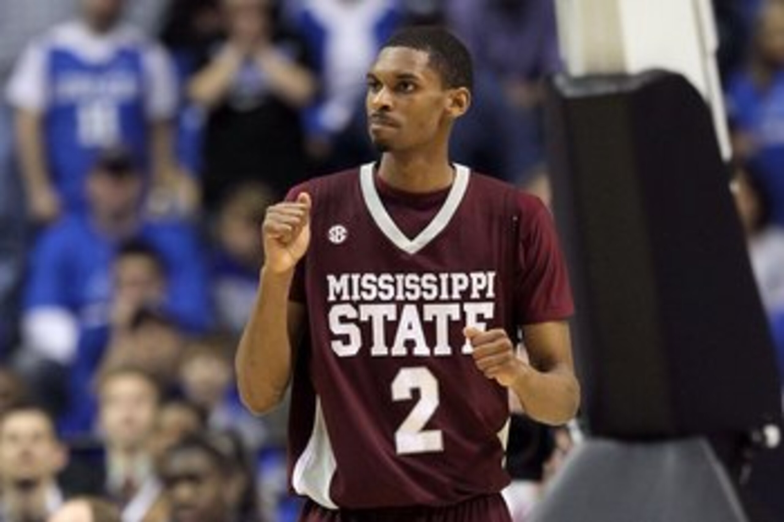 NASHVILLE, TN - MARCH 14:  Ravern Johnson #2 of the Mississippi State Bulldogs reacts against the Kentucky Wildcats during the final of the SEC Men's Basketball Tournament at the Bridgestone Arena on March 14, 2010 in Nashville, Tennessee. Kentucky won 75
