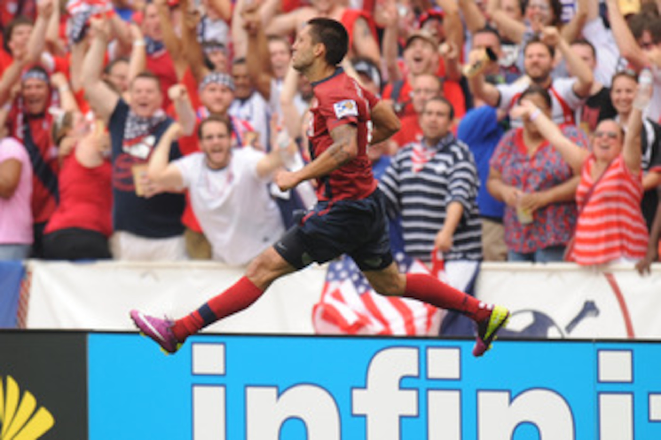 WASHINGTON, DC - JUNE 19:   Clint Dempsey #8 of the United States celebrates scoring the second goal during the second half against Jamaica during the 2011 Gold Cup Quarterfinals on June 19, 2011 at RFK Stadium in Washington, D.C.  The United States won 2