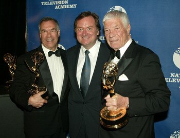 NEW YORK - APRIL 19:  (L-R) NFL filmmaker Steve Sabol, 'Meet The Press' host Tim Russert and NFL filmmaker Ed Sabol attend the 25th Annual Sports Emmy Awards April 19, 2004 in New York City.  (Photo by Peter Kramer/Getty Images)