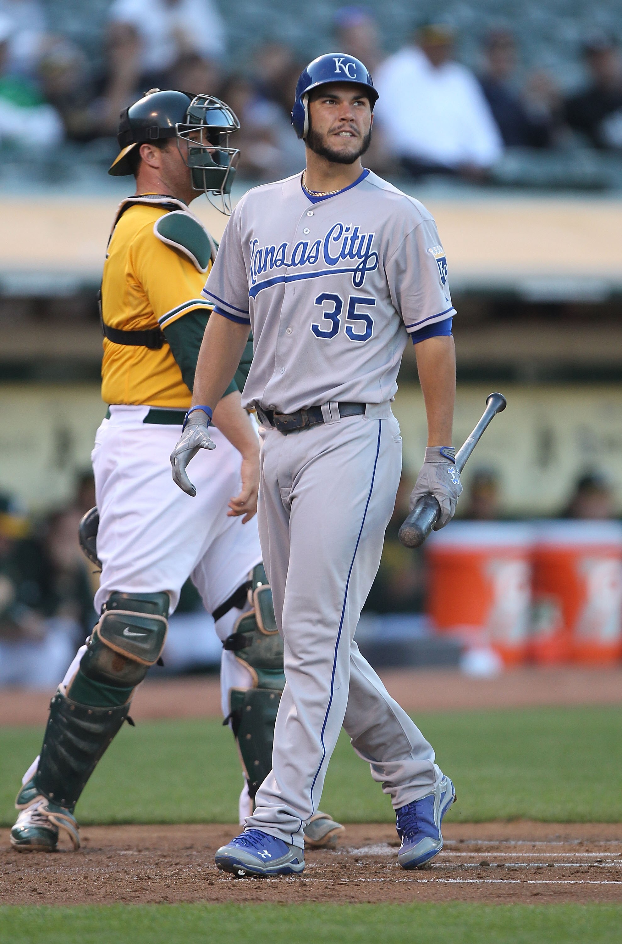OAKLAND, CA - JUNE 15:  Eric Hosmer #35 of the Kansas City Royals strikes out in the first inning against the Oakland Athletics at the Oakland-Alameda County Coliseum on June 15, 2011 in Oakland, California.  (Photo by Jed Jacobsohn/Getty Images)