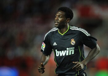 SEVILLE, SPAIN - MAY 07: Emmanuel Adebayor of Real Madrid in action during the La Liga match between Sevilla and Real Madrid at Estadio Ramon Sanchez Pizjuan on May 7, 2011 in Seville, Spain.  (Photo by Denis Doyle/Getty Images)