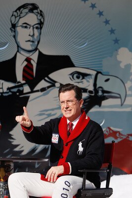 VANCOUVER, BC - FEBRUARY 18:  Comedian and talk show host Stephen Colbert acknowledges the crowd while taping an episode of The Colbert Report at Creekside Park on February 18, 2010 in Vancouver, Canada.  (Photo by Kevin C. Cox/Getty Images)