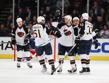 NEW YORK, NY - APRIL 07:  Rob Schremp #13 of the Atlanta Thrashers celebrates his goal against the New York Rangers during their game on April 7, 2011 at Madison Square Garden in New York City, New York.  (Photo by Al Bello/Getty Images)