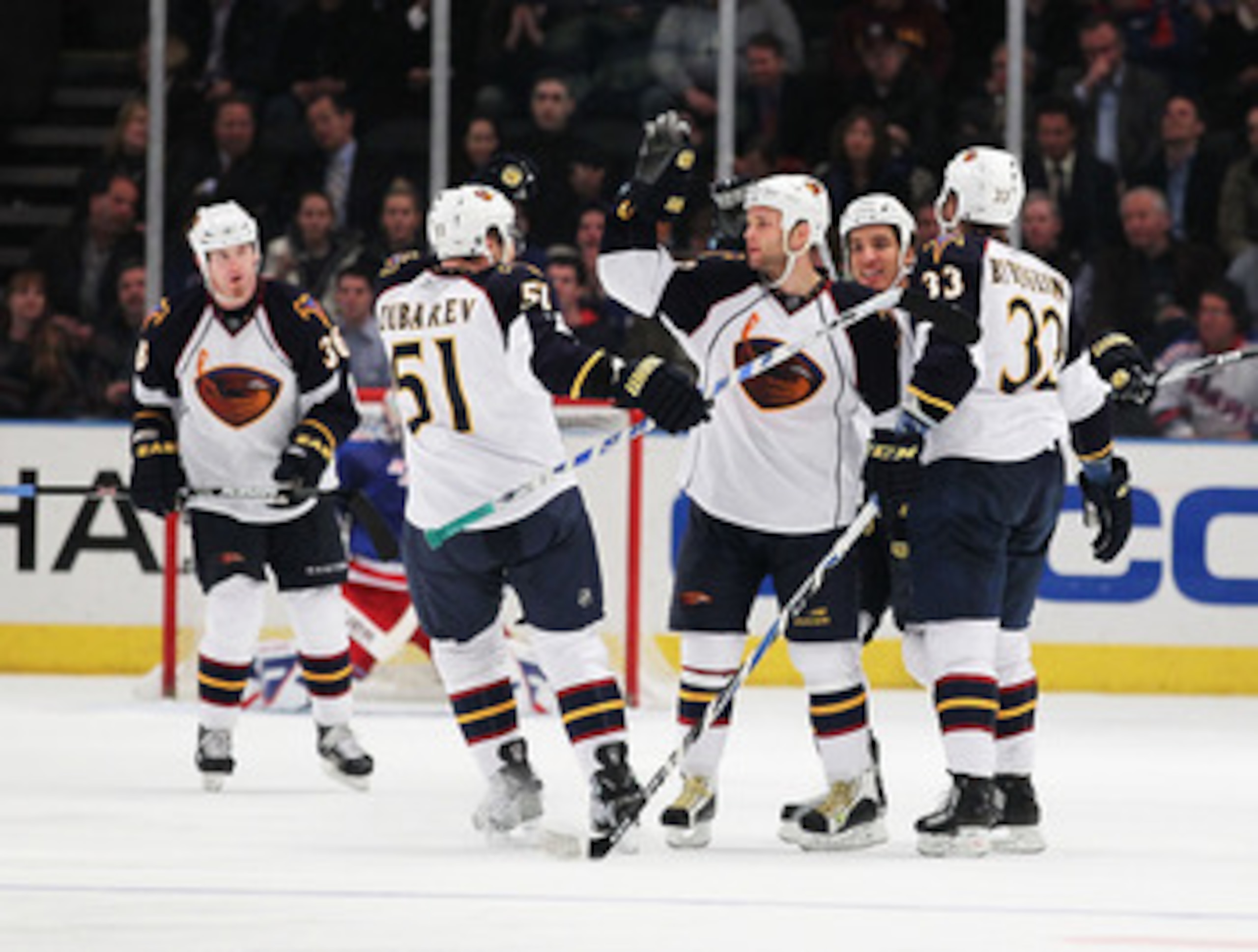 NEW YORK, NY - APRIL 07:  Rob Schremp #13 of the Atlanta Thrashers celebrates his goal against the New York Rangers during their game on April 7, 2011 at Madison Square Garden in New York City, New York.  (Photo by Al Bello/Getty Images)