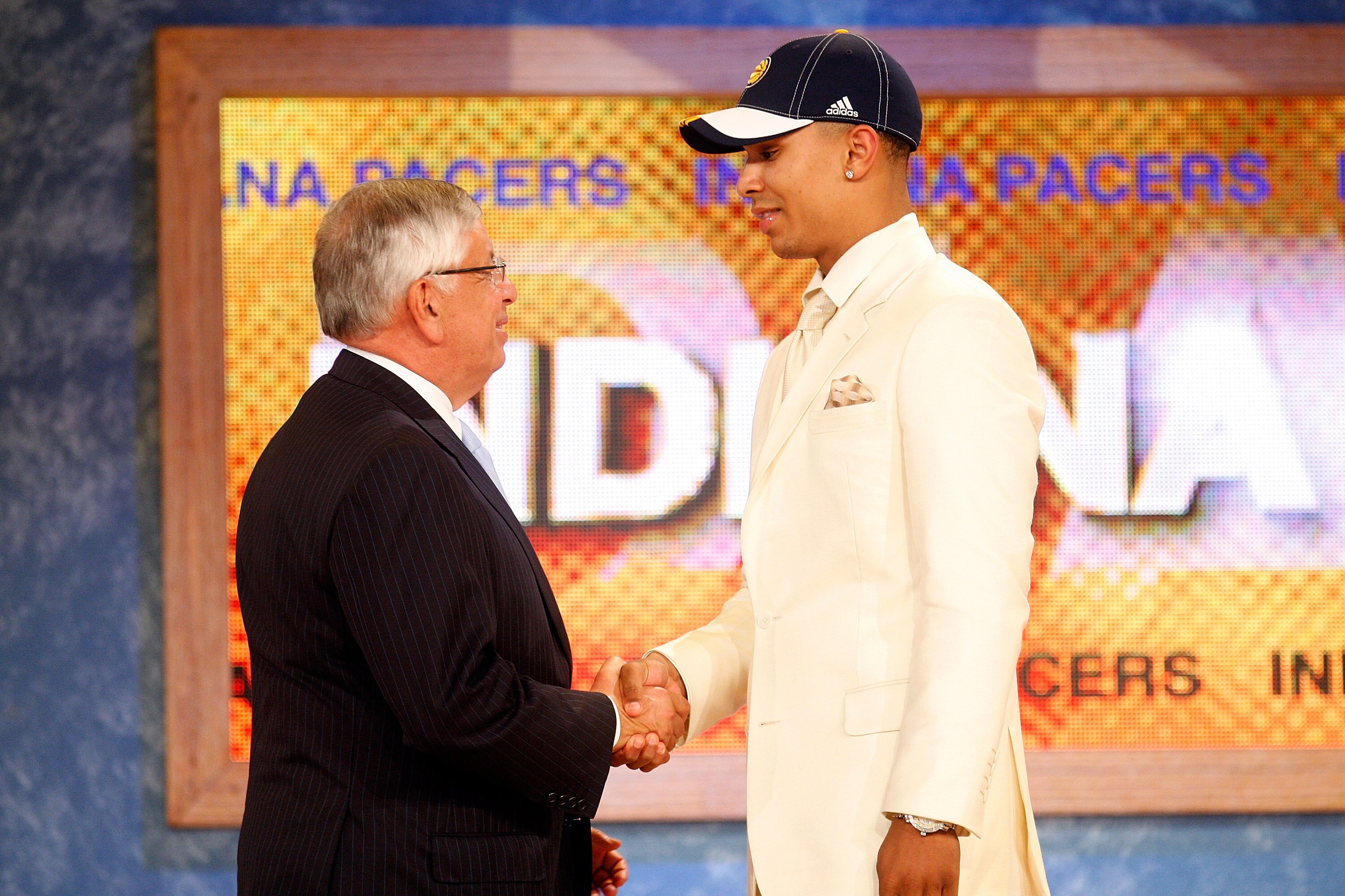 NEW YORK - JUNE 26:  NBA Commissioner David Stern shakes hands with number eleven draft pick for the Indiana Pacers, Jerryd Bayless during the 2008 NBA Draft at the Wamu Theatre at Madison Square Garden June 26, 2008 in New York City. NOTE TO USER: User e