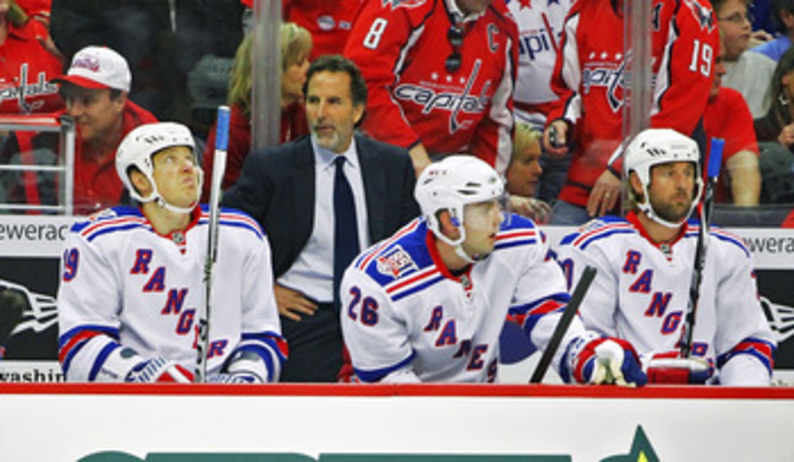 WASHINGTON, DC - APRIL 23:  Ruslan Fedotenko #19, Head Coach John Tortorella, Erik Christensen #26 and Vinny Prospal #20 of the New York Rangers appear dejected as they loose to the Washington Capitals 3-1 in Game Five of the Eastern Conference Quarterfin