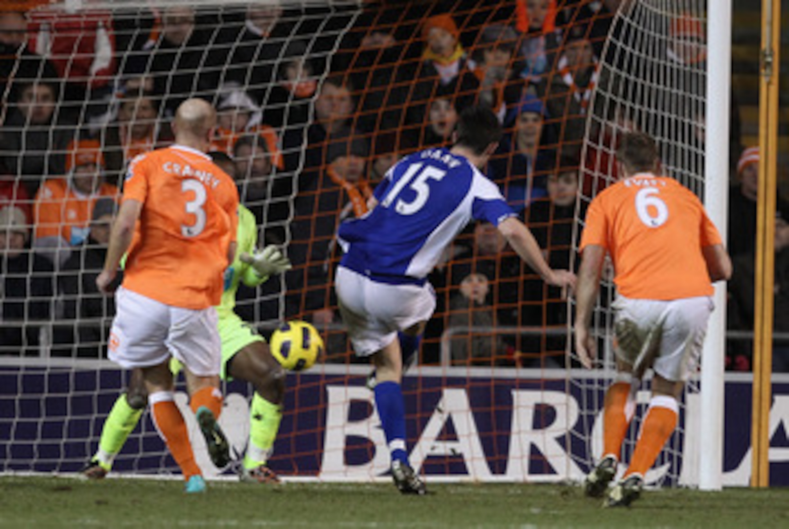 BLACKPOOL, ENGLAND - JANUARY 04:  Scott Dann of Birmingham City scores the winning goal during the Barclays Premier League match between Blackpool and Birmingham City at Bloomfield Road on January 4, 2011 in Blackpool, England.  (Photo by Alex Livesey/Get