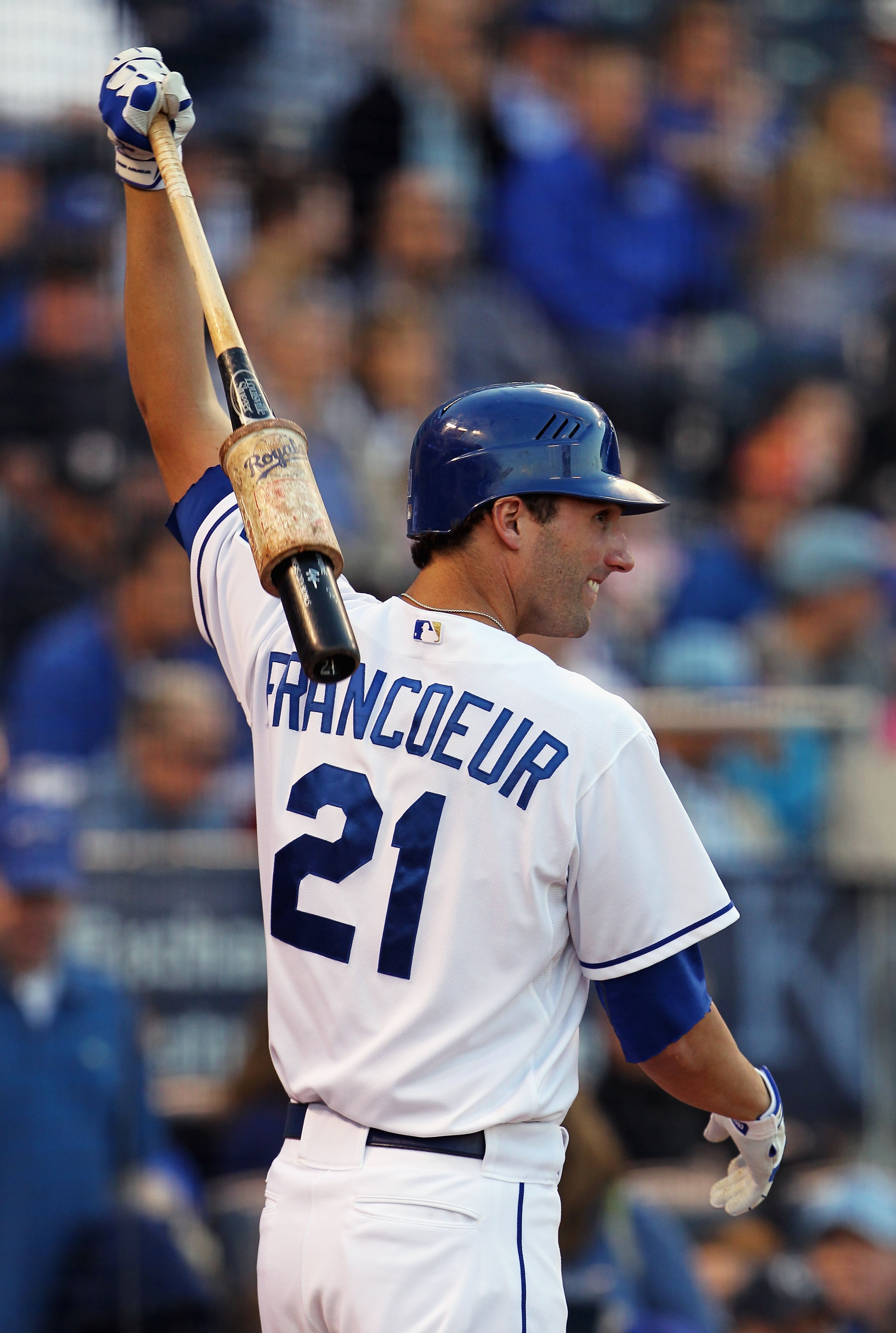 KANSAS CITY, MO - MAY 16:  Jeff Francoeur #21 of the Kansas City Royals warms up in the on-deck circle during the game against the Cleveland Indians on May 16, 2011 at Kauffman Stadium in Kansas City, Missouri.  (Photo by Jamie Squire/Getty Images)