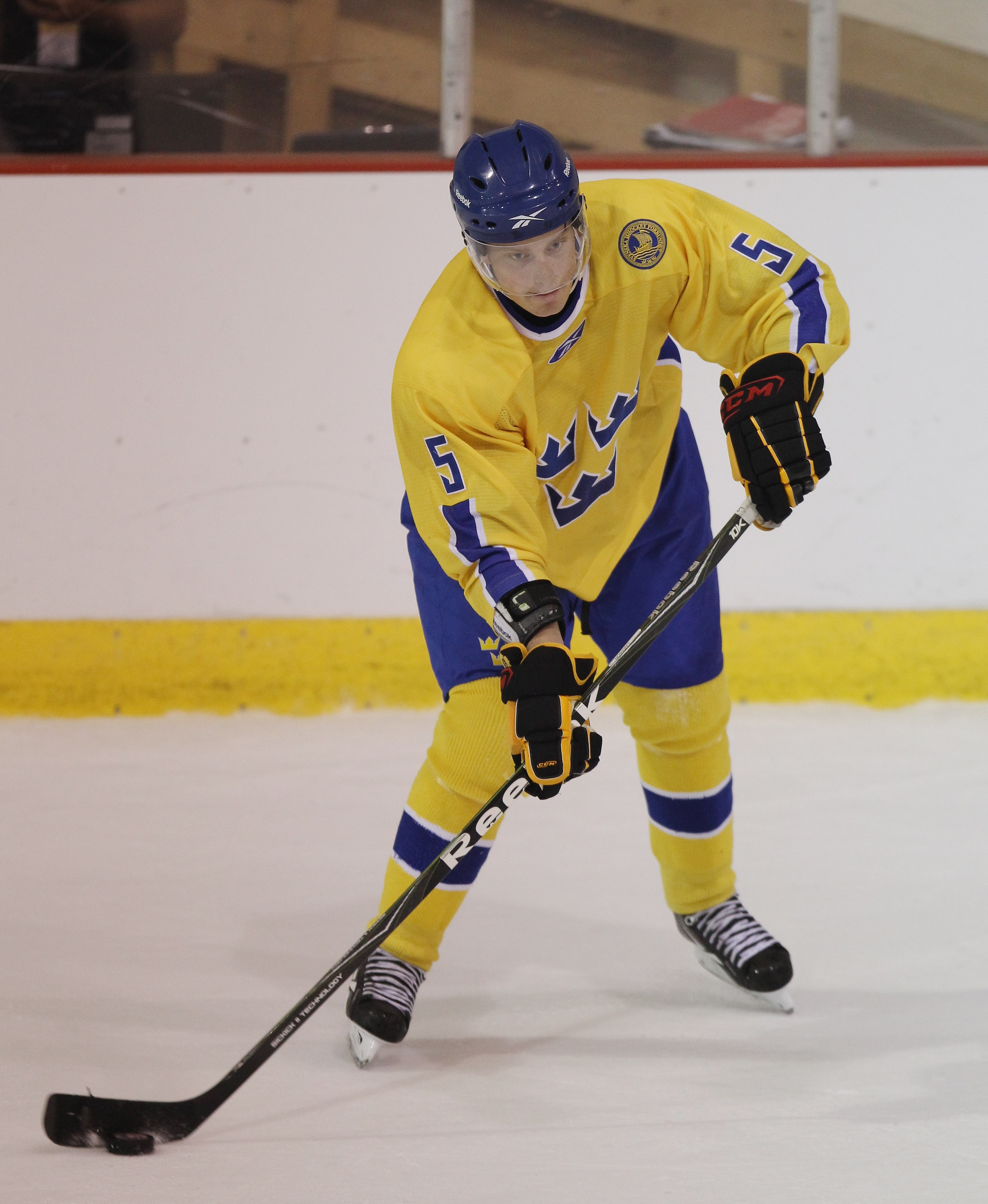 LAKE PLACID, NY - AUGUST 03:  Adam Larsson #5 of Team Sweden skates against Team USA at the USA Hockey National Evaluation Camp on August 3, 2010 in Lake Placid, New York. Team USA defeated Team Sweden 6-3.  (Photo by Bruce Bennett/Getty Images)