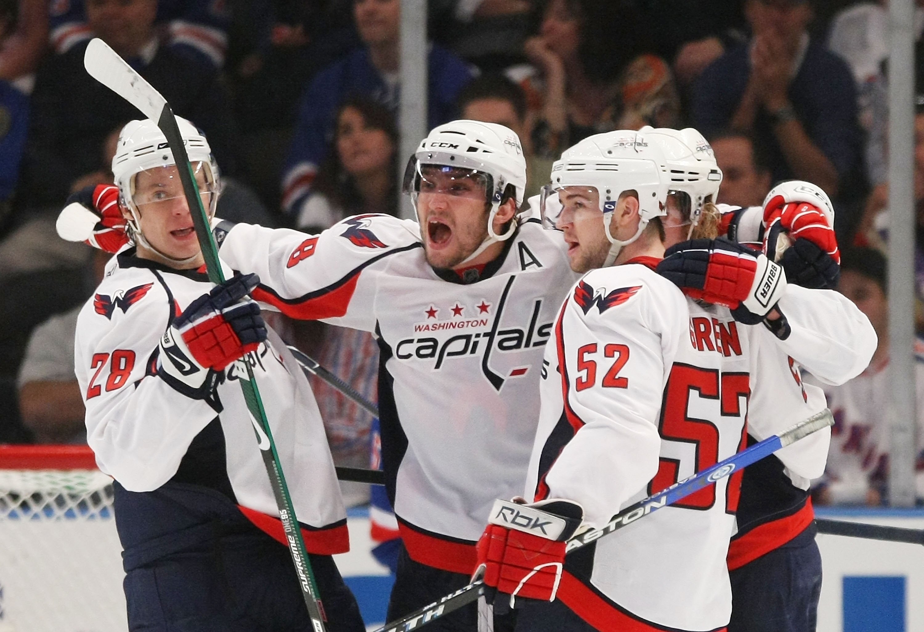 NEW YORK - APRIL 26: (L-R) Alexaner Semin #28,  Alex Ovechkin #8, Nicklas Backstrom #19 and Mike Green #52 of the Washington Capitals celebrate their goal at 16:44 of the second period against the New York Rangers during Game Six of the Eastern Conference