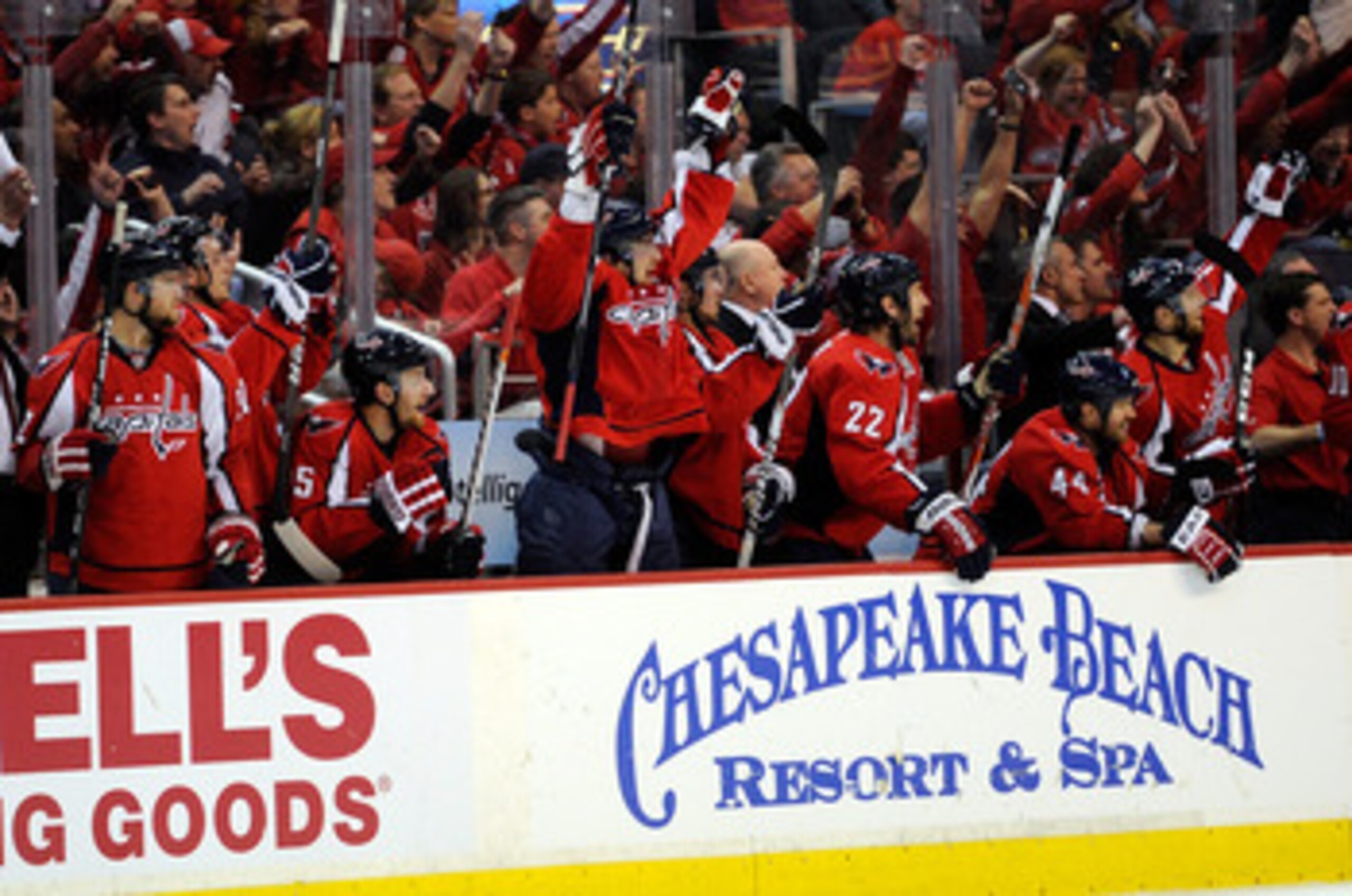 WASHINGTON, DC - MAY 01:  Alex Ovechkin #8 of the Washington Capitals and the bench celebrate a Capitals goal in the second period against the Tampa Bay Lightning during Game Two of the Eastern Conference Semifinal during the 2011 NHL Stanley Cup Playoffs