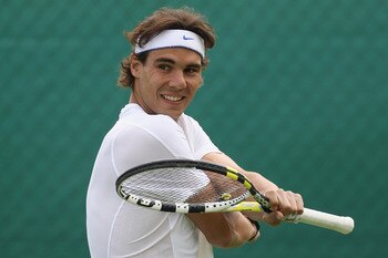 WIMBLEDON, ENGLAND - JUNE 18:   Rafael Nadal of Spain trains on the Aorangi Practice court at the All England Lawn Tennis and Croquet Club ahead of the Wimbledon Lawn Tennis Championships on June 18, 2011 in London, England. The Championships, which are c