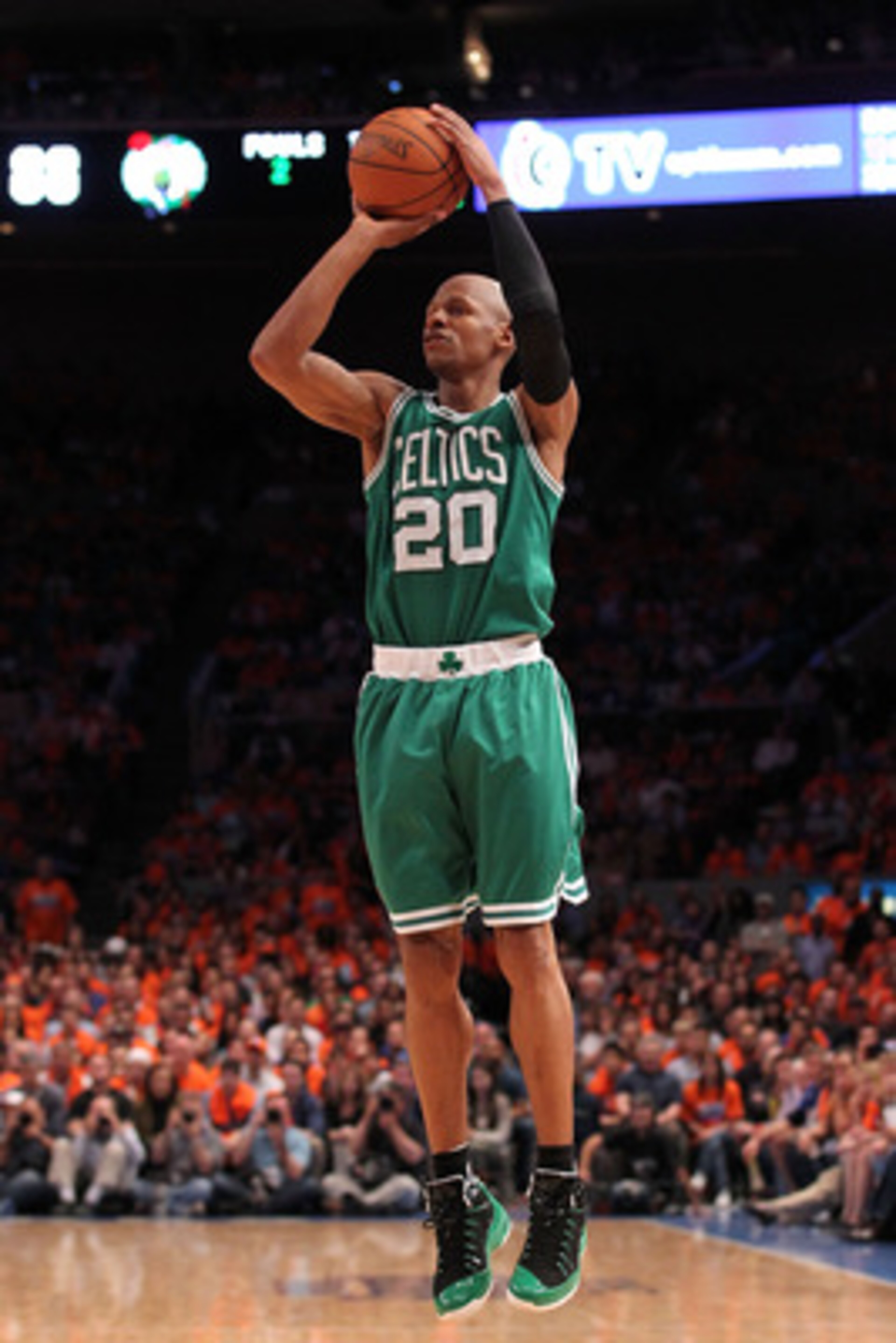 NEW YORK, NY - APRIL 24:  Ray Allen #20 of the Boston Celtics attempts a shot against the New York Knicks in Game Four of the Eastern Conference Quarterfinals during the 2011 NBA Playoffs on April 24, 2011 at Madison Square Garden in New York City. NOTE T