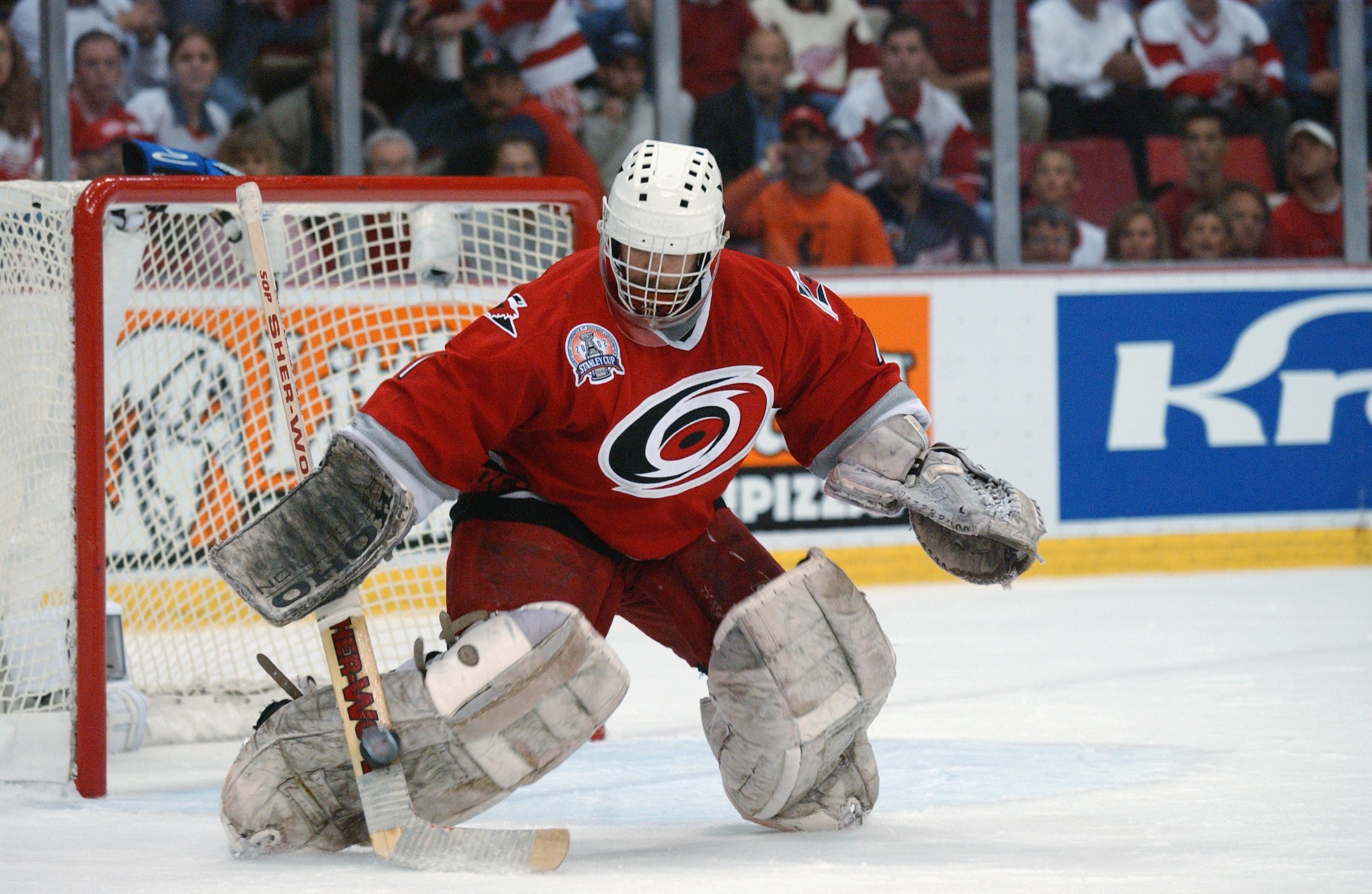 DETROIT, MI - JUNE 13:  Goaltender Arturs Irbe #1 of the Carolina Hurricanes blocks a shot from Sergei Fedorov #91 of the Detroit Red Wings during the first period of game five of the NHL Stanley Cup Finals on June 13, 2002 at the Joe Louis Arena in Detro