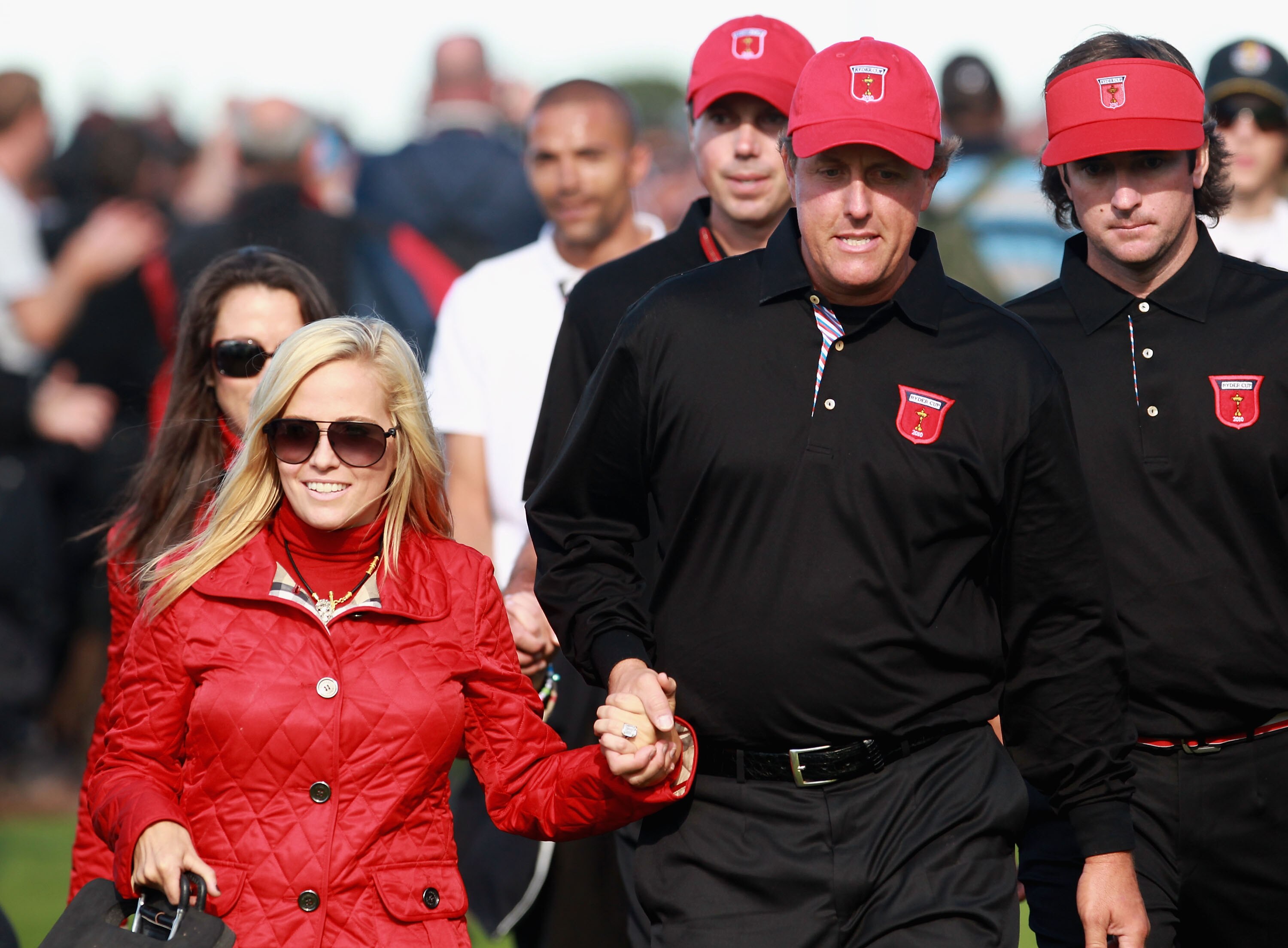 NEWPORT, WALES - OCTOBER 04:  Phil Mickelson of the USA walks with his wife Amy and teammates Matt Kuchar and Bubba Watson after the singles matches during the 2010 Ryder Cup at the Celtic Manor Resort on October 4, 2010 in Newport, Wales.  (Photo by Andr