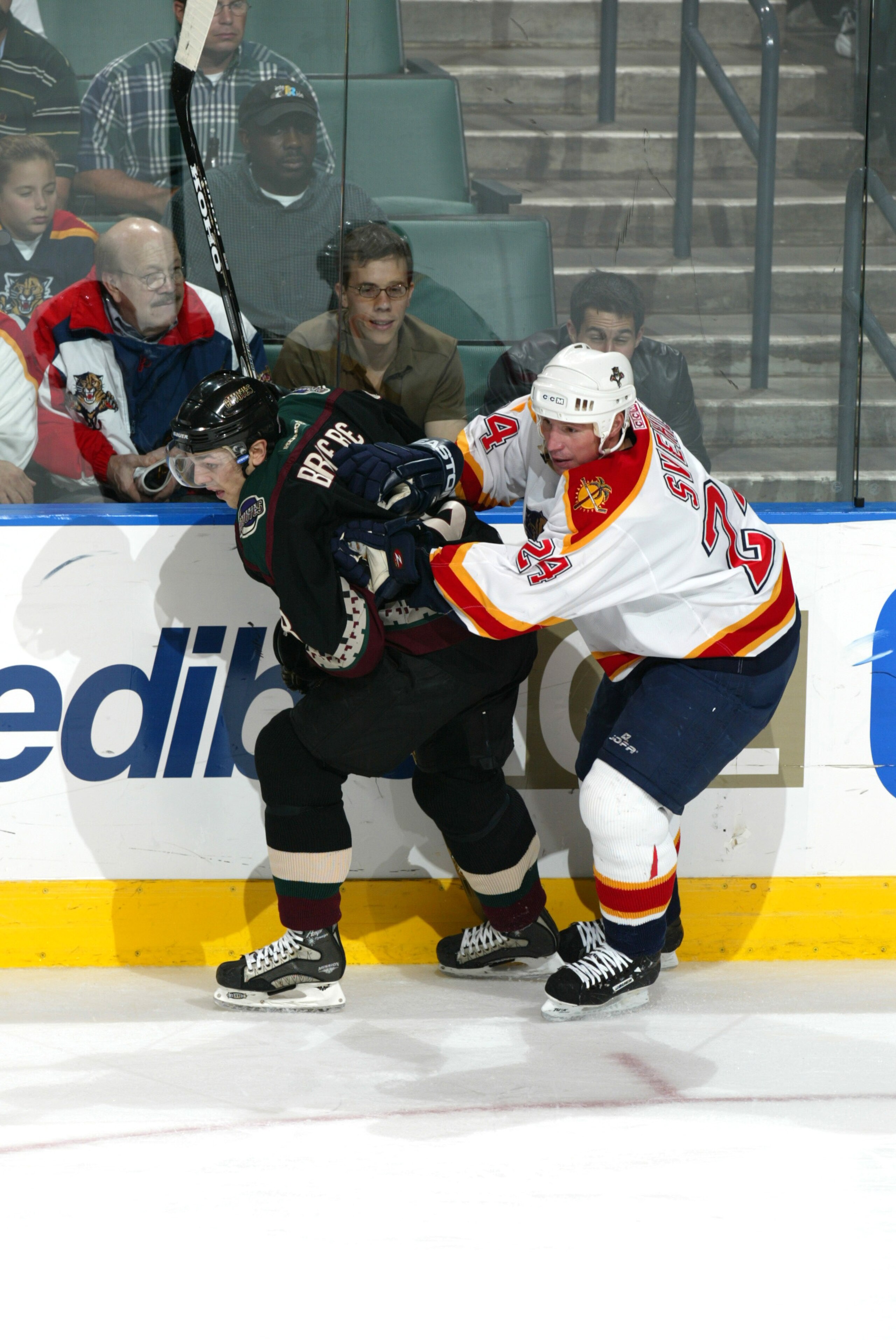 30 Jan 02 : Robert Svehla #24 of the Florida Panthers pressures Daniel Briere #8 of the Phoenix Coyotes during the game at National Car Rental Center in Sunrise, Florida. The Coyotes beat the Panthers 3-1. DIGITAL IMAGE. Mandatory Credit: Eliot Schechter/
