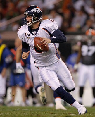 CLEVELAND - NOVEMBER 6:  Jay Cutler #6 of the Denver Broncos looks for a receiver against the Cleveland Browns during the third quarter of their NFL game at Cleveland Browns Stadium November 6, 2008 in Cleveland, Ohio.  (Photo by Matt Sullivan/Getty Image