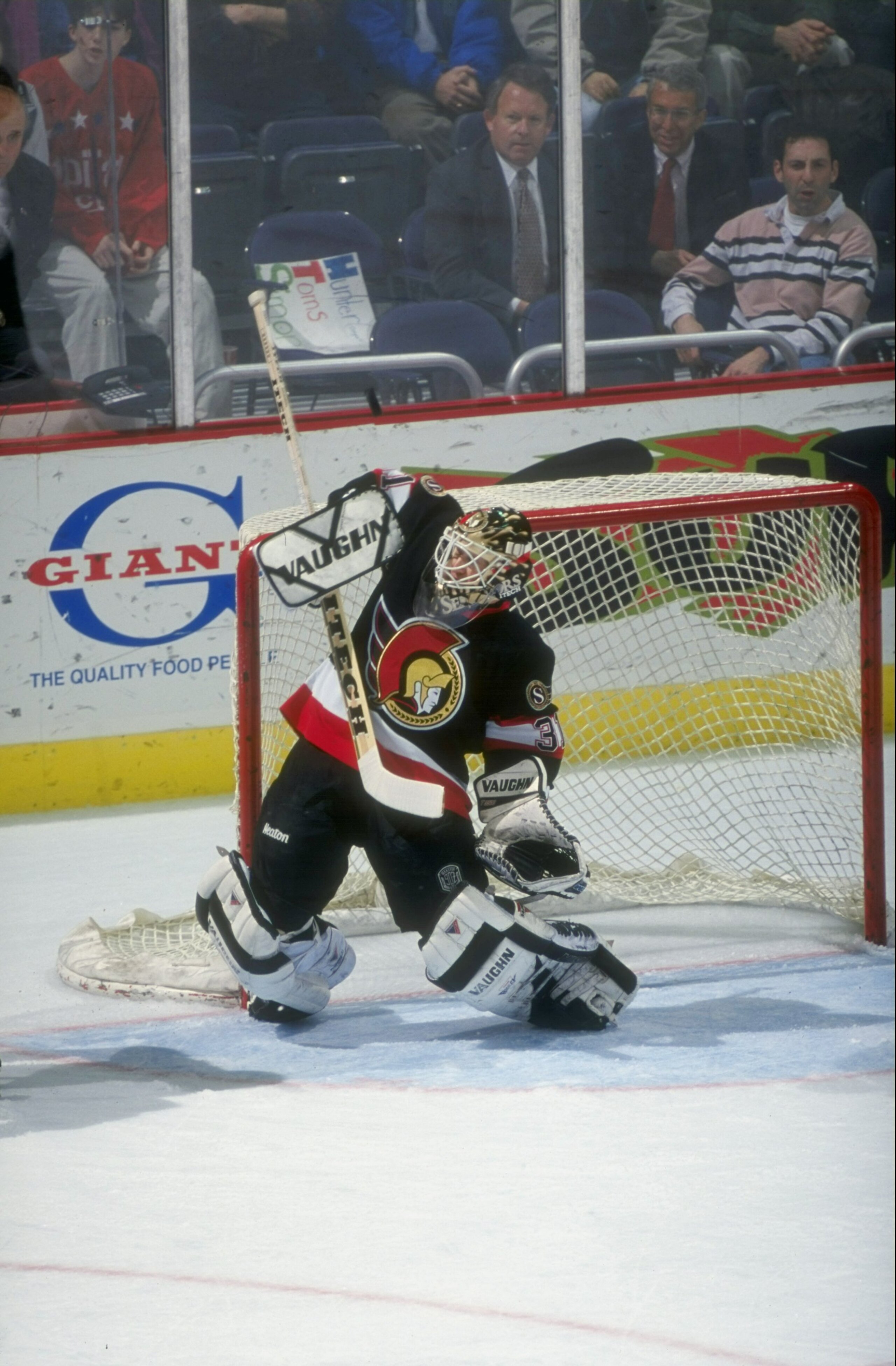 13 Jan 1998:  Goaltender Ron Tugnutt of the Ottawa Senators in action during a game against the Washington Capitals at the MCI Center in Washington, D.C.  The Capitals won the game 4-0. Mandatory Credit: Doug Pensinger  /Allsport