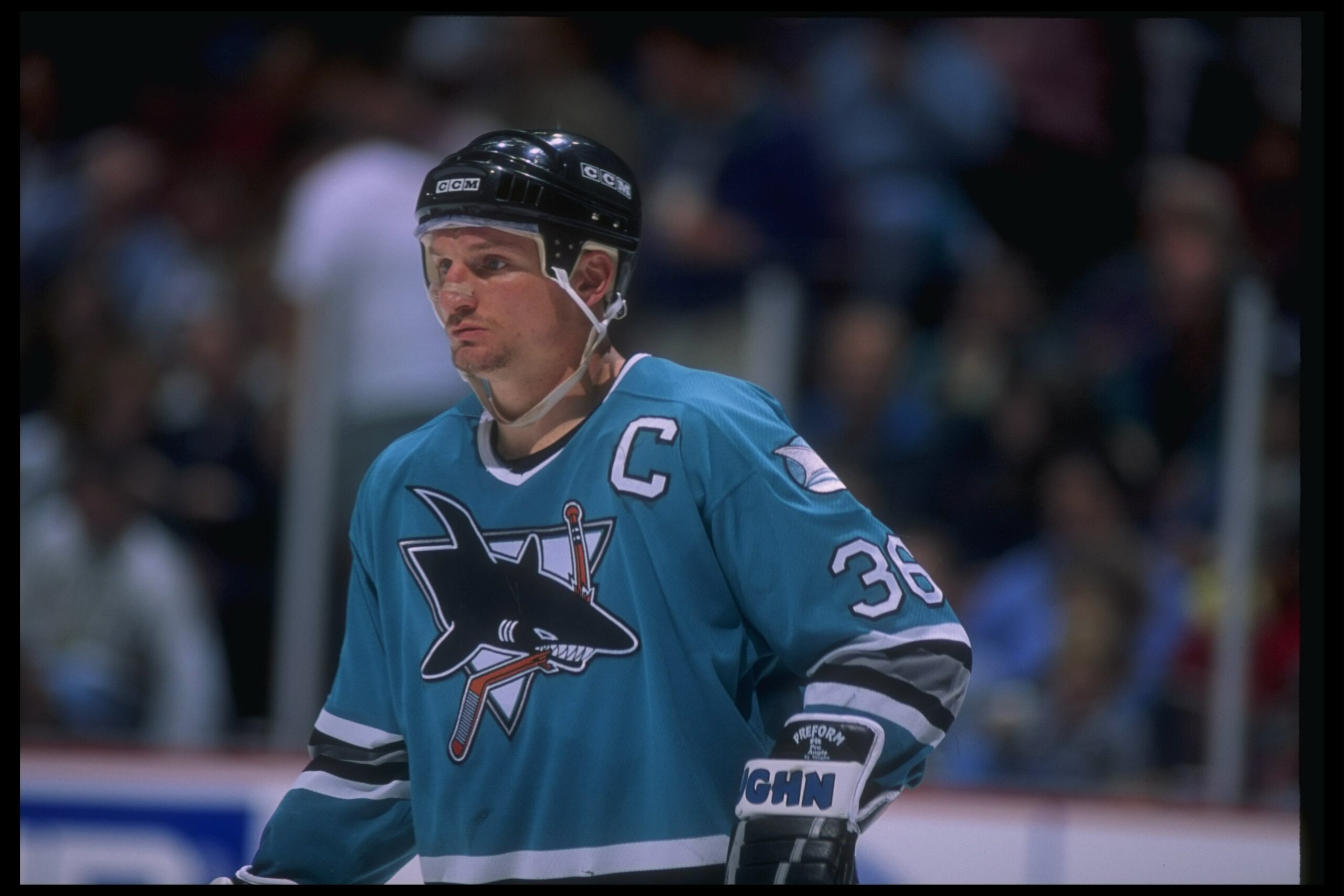 26 Apr 1995: Leftwinger Jeff Odgers of the San Jose Sharks looks on during a game against the Anaheim Mighty Ducks at Arrowhead Pond in Anaheim, California. The Sharks won the game, 5-2.