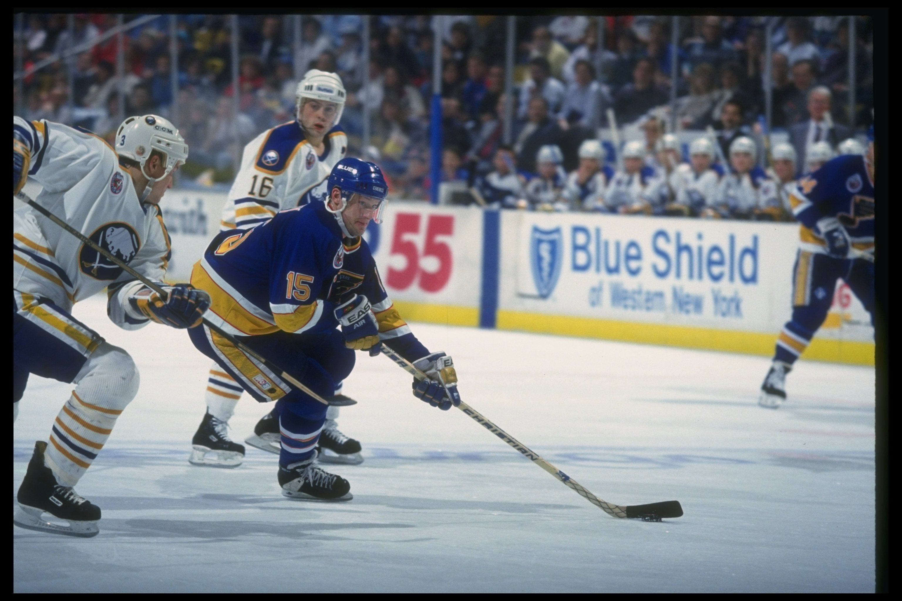 3 Jan 1992:  Center Craig Janney of the St. Louis Blues moves the puck during a game against the Buffalo Sabres at Memorial Auditorium in Buffalo, New York. Mandatory Credit: Rick Stewart  /Allsport