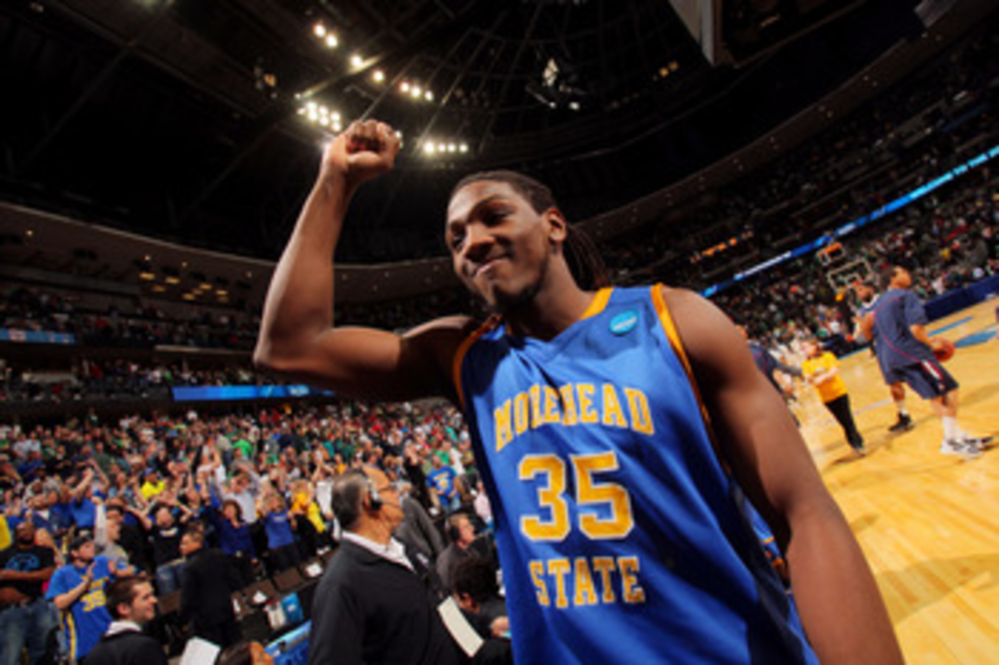 DENVER, CO - MARCH 17: Kenneth Faried #35 of the Morehead State Eagles celebrates after defeating the Louisville Cardinals during the second round of the 2011 NCAA men's basketball tournament at Pepsi Center on March 17, 2011 in Denver, Colorado. The Mor DENVER, CO - MARCH 17: Kenneth Faried #35 of the Morehead State Eagles celebrates after defeating the Louisville Cardinals during the second round of the 2011 NCAA men's basketball tournament at Pepsi Center on March 17, 2011 in Denver, Colorado. The Mor