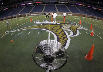 DETROIT, MI - DECEMBER 13:  Fans dry new logos painted on the field prior to the Minnesota Vikings playing the New York Giants at Ford Field on December 13, 2010 in Detroit, Michigan.  (Photo by Gregory Shamus/Getty Images)