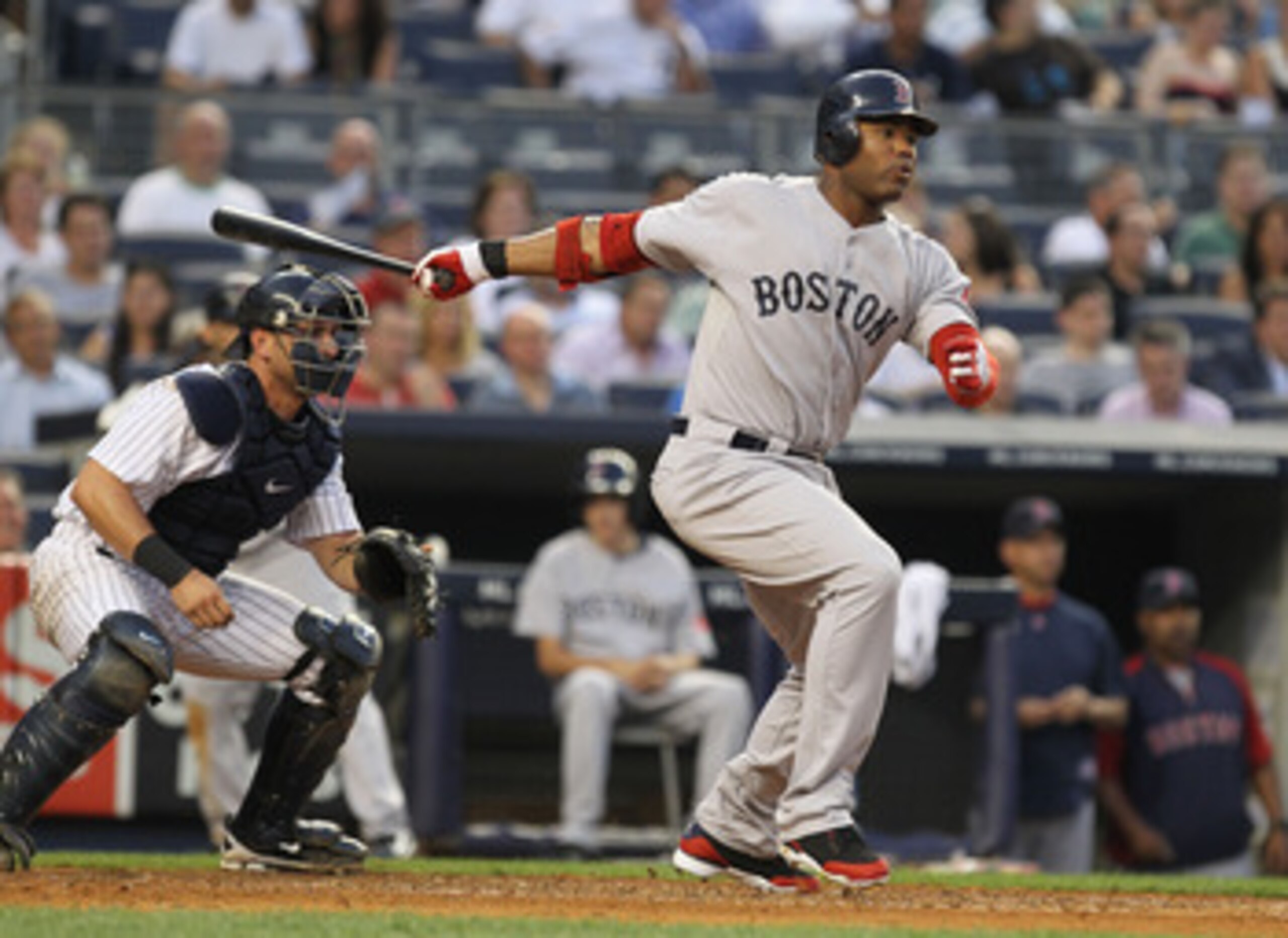 NEW YORK, NY - JUNE 08:  Carl Crawford #13 of the Boston Red Sox in action during their game on June 8, 2011 at Yankee Stadium in the Bronx borough of New York City.  (Photo by Al Bello/Getty Images)
