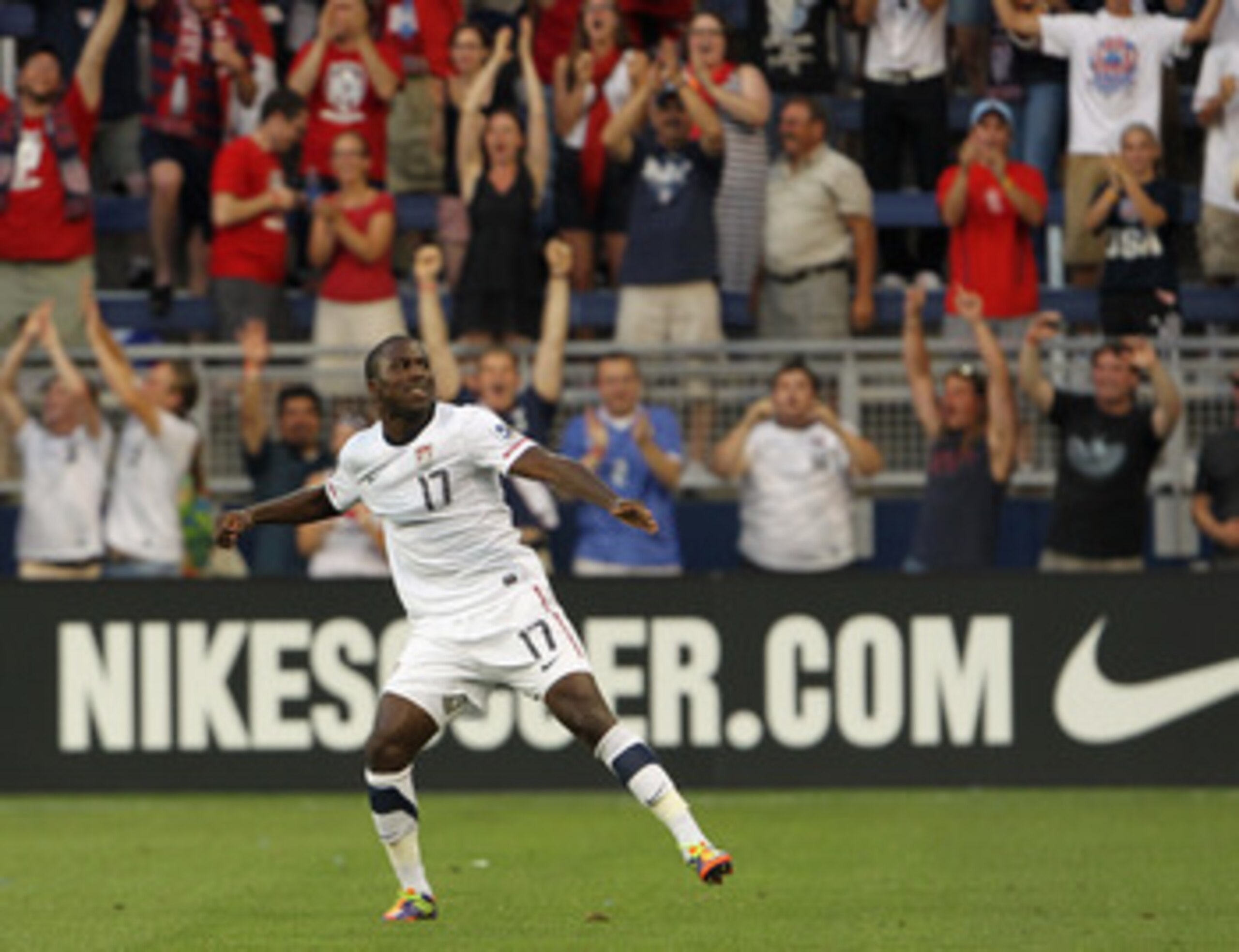 KANSAS CITY, MO - JUNE 14: Jozy Altidore #17 of the USA celebrates after scoring a goal during the first half of the GoldCup game against Guadeloupe on June 14, 2011 at LiveStrong Sporting Park in Kansas City, Kansas. (Photo by Jamie Squire/Getty Images KANSAS CITY, MO - JUNE 14: Jozy Altidore #17 of the USA celebrates after scoring a goal during the first half of the GoldCup game against Guadeloupe on June 14, 2011 at LiveStrong Sporting Park in Kansas City, Kansas. (Photo by Jamie Squire/Getty Images