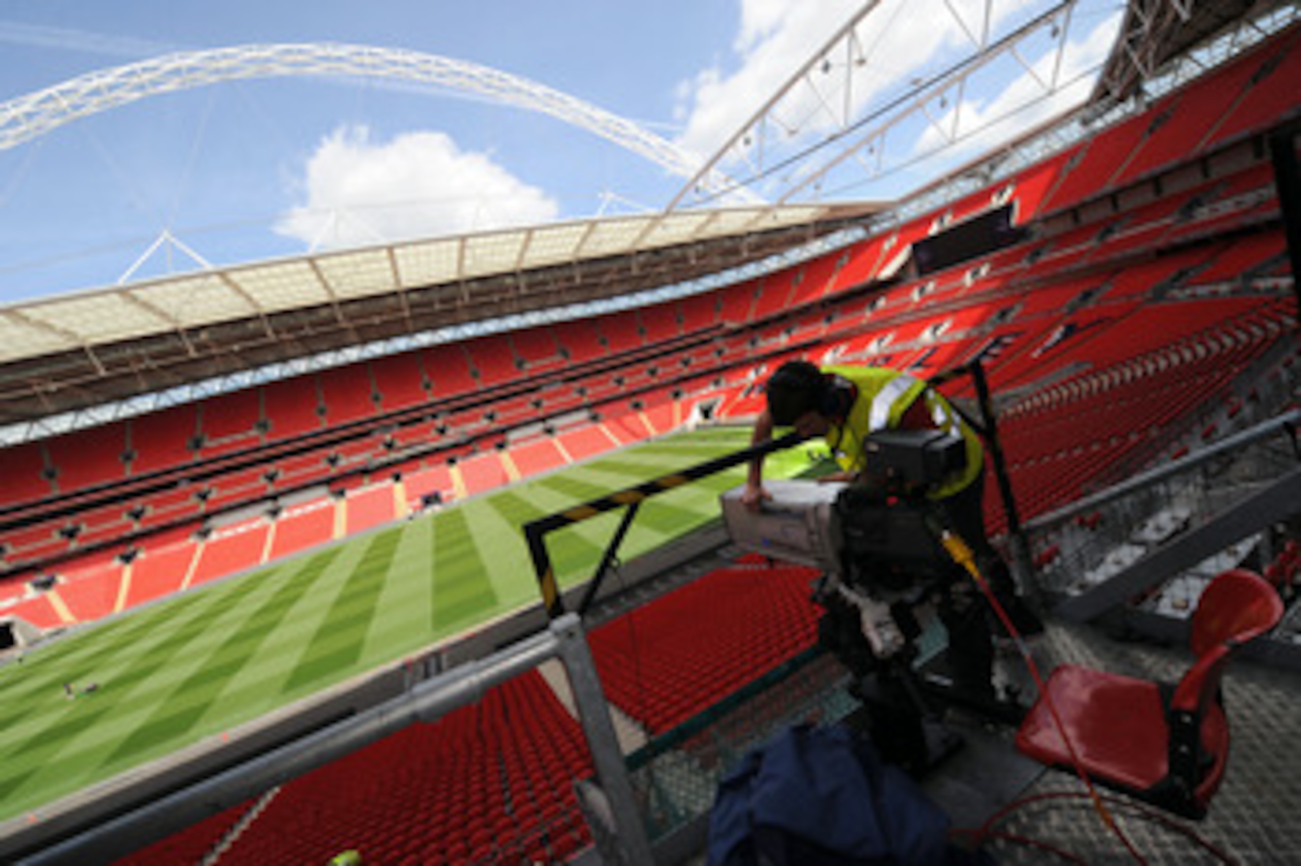 LONDON, UNITED KINGDOM - MAY 24: In this handout image provided by UEFA, final preparations are made to television cameras at Wembley Stadium for the Champions League Final, May 24, 2011 in London, England. The UEFA Champions League final between FC Bar LONDON, UNITED KINGDOM - MAY 24: In this handout image provided by UEFA, final preparations are made to television cameras at Wembley Stadium for the Champions League Final, May 24, 2011 in London, England. The UEFA Champions League final between FC Bar