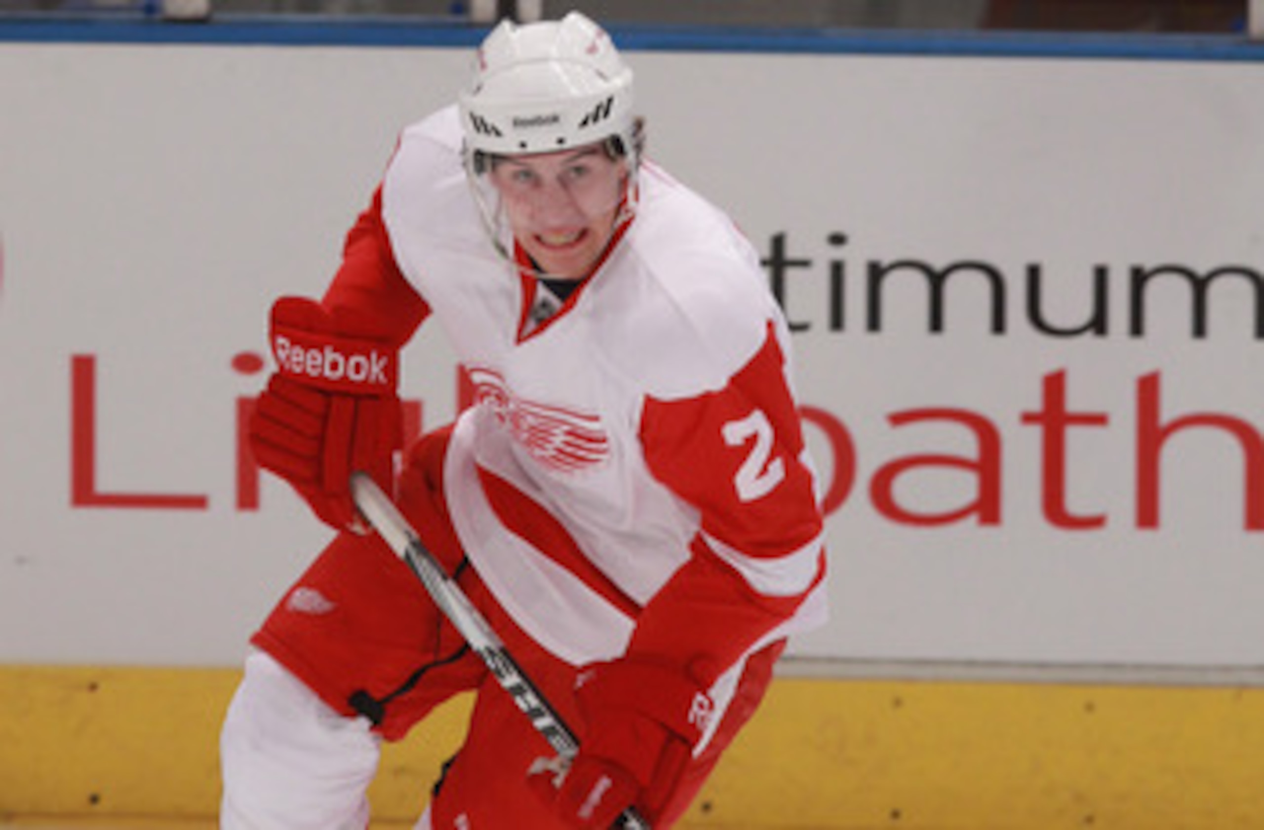 NEW YORK - SEPTEMBER 29: Brendan Smith #2 of the Detroit Red Wings skates in warmups prior to his game against the New York Rangers at Madison Square Garden on September 29, 2010 in New York City. The Rangers defeated the Red Wings 5-1.  (Photo by Bruce B