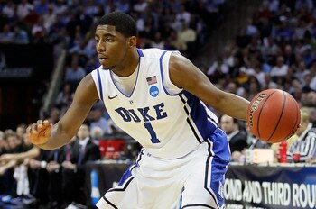 CHARLOTTE, NC - MARCH 20:  Kyrie Irving #1 of the Duke Blue Devils moves the ball while taking on the Michigan Wolverines during the third round of the 2011 NCAA men's basketball tournament at Time Warner Cable Arena on March 20, 2011 in Charlotte, North