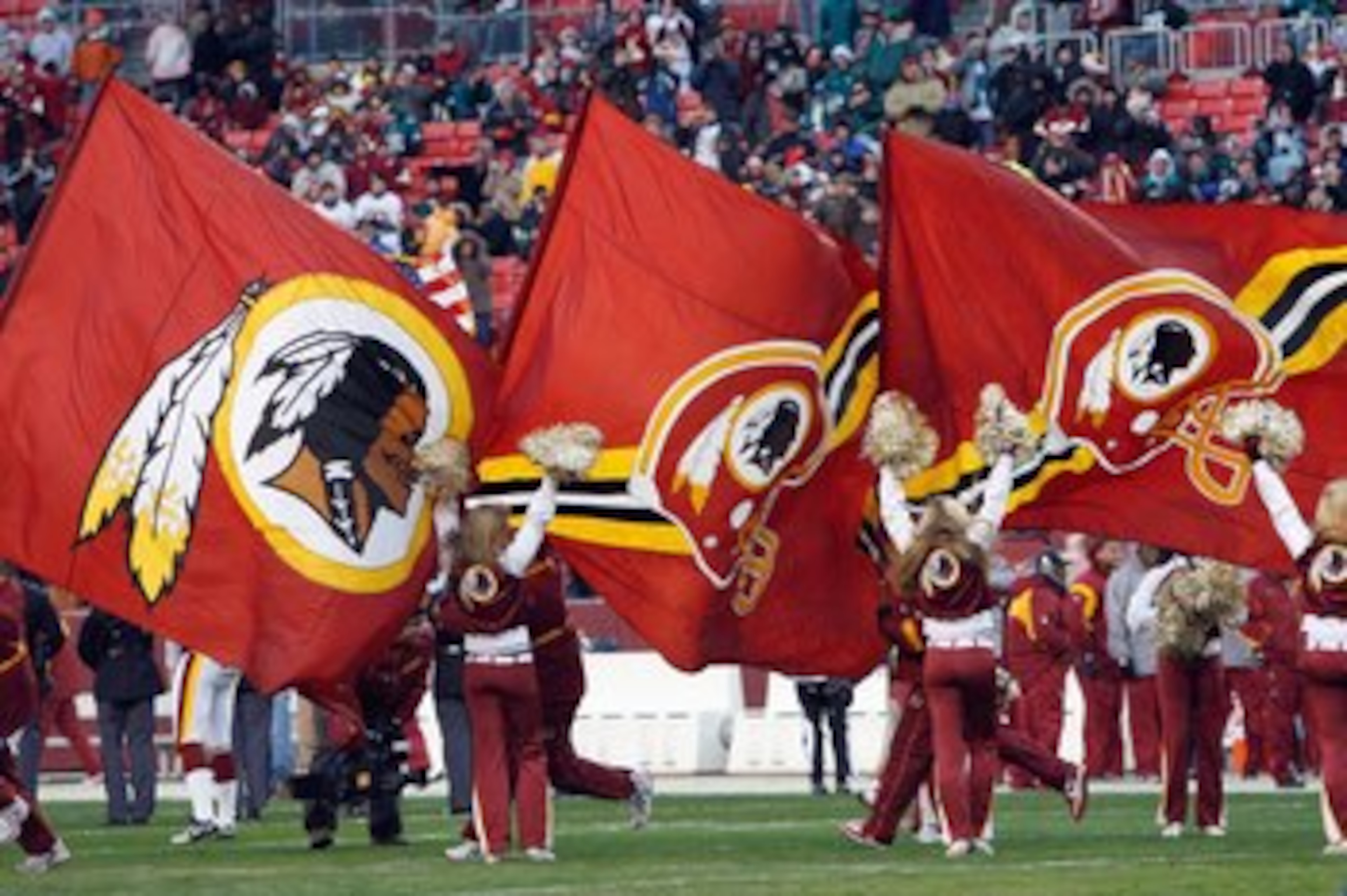 LANDOVER, MD - DECEMBER 21: A general view of the Washington Redskins cheer squad as the fly flags during the game of the Philadelphia Eagles on December 21, 2008 at FedEx Field in Landover, Maryland. (Photo by Kevin C. Cox/Getty Images) LANDOVER, MD - DECEMBER 21: A general view of the Washington Redskins cheer squad as the fly flags during the game of the Philadelphia Eagles on December 21, 2008 at FedEx Field in Landover, Maryland. (Photo by Kevin C. Cox/Getty Images)
