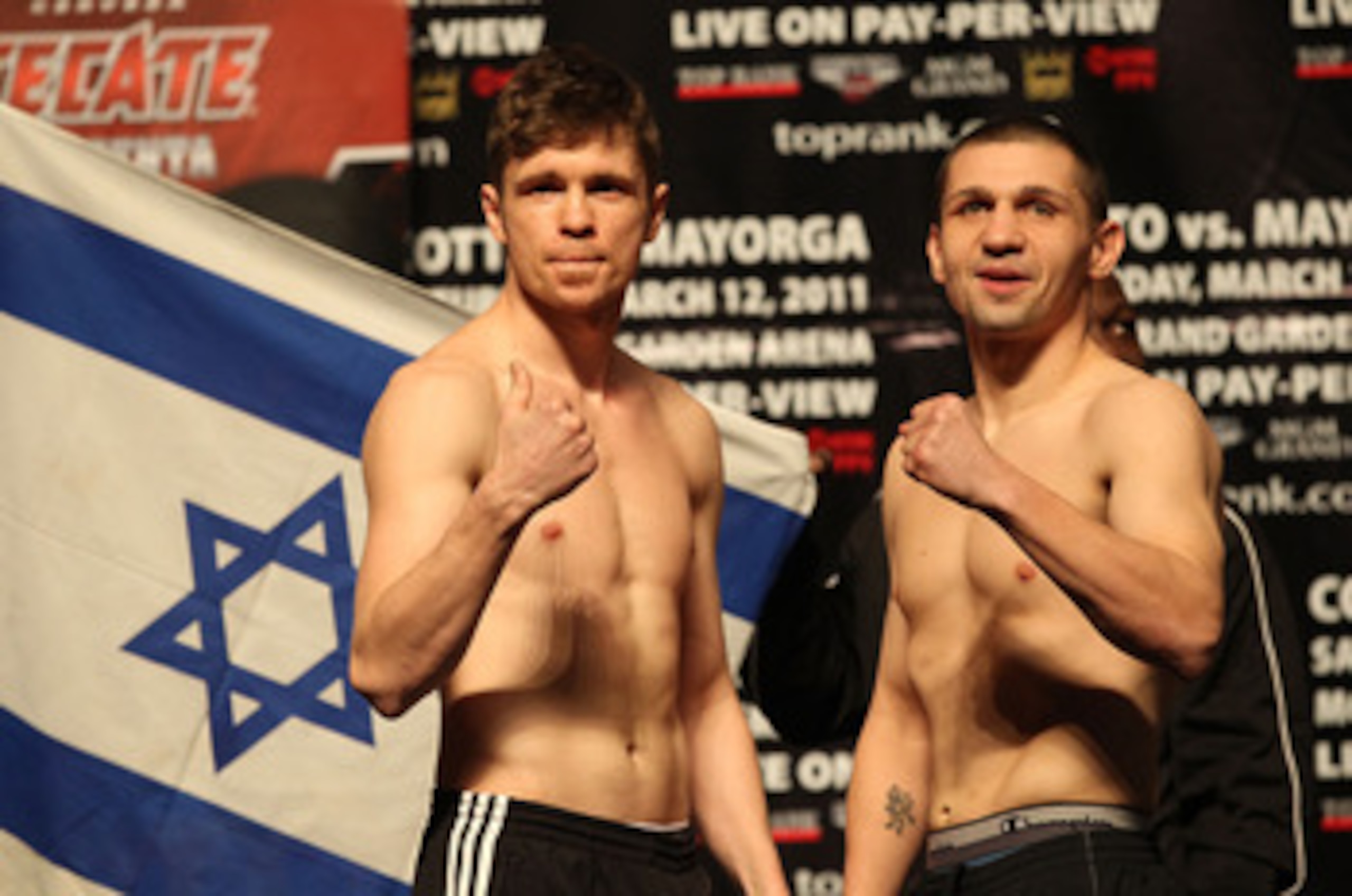 LAS VEGAS - MARCH 11:  Yuri Foreman (L) poses with Pawel Wolak after the weigh in for their Super Welterweight bout at MGM Grand Garden Arena on March 11, 2011 in Las Vegas, Nevada.  (Photo by Al Bello/Getty Images)