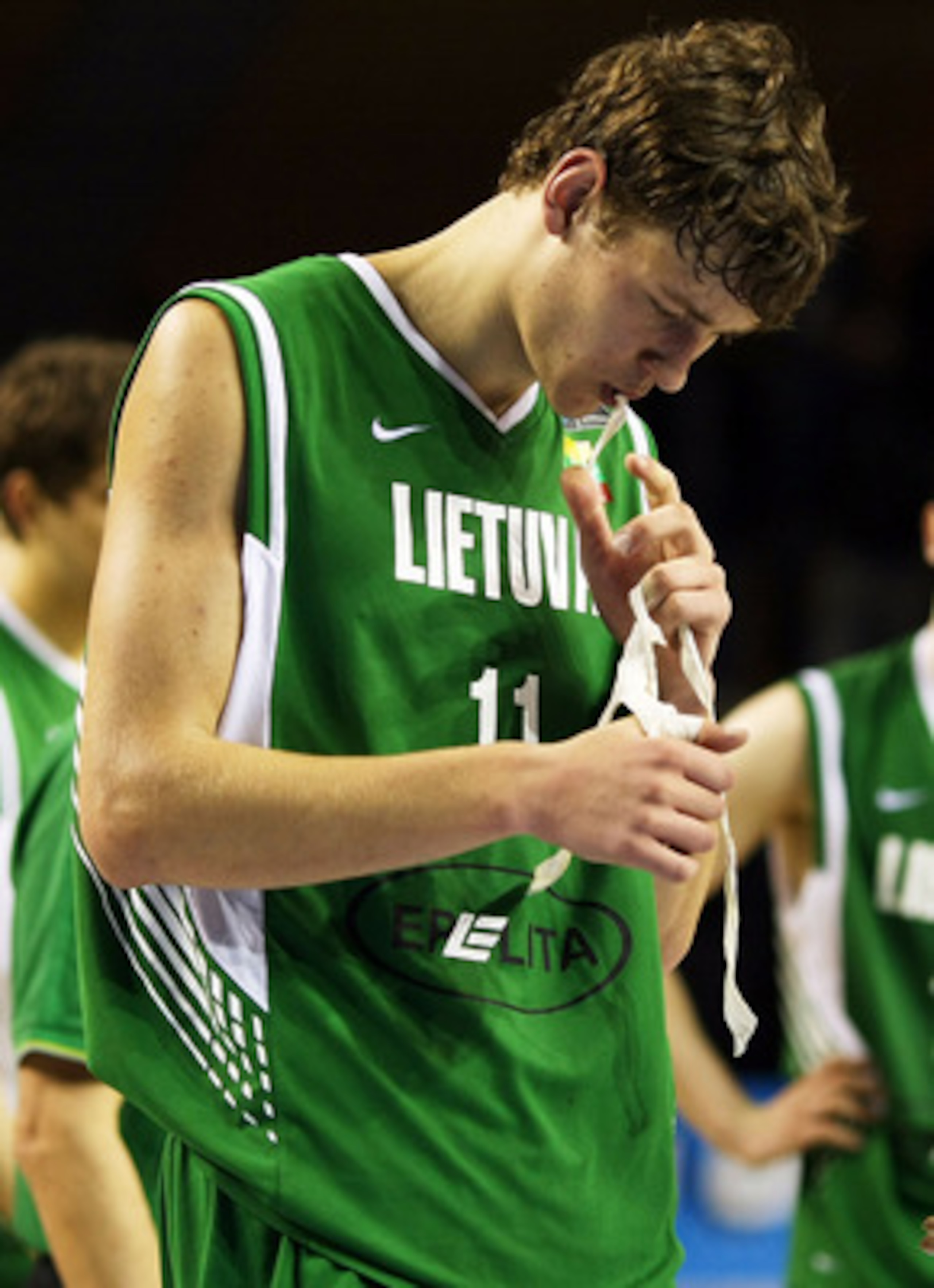 AUCKLAND, NEW ZEALAND - JULY 08:  Donatas Motiejunas of Lithuania walks off after losing the U19 Basketball World Championships match between the United States and Lithuania at North Shore Events Centre on July 8, 2009 in Auckland, New Zealand.  (Photo by