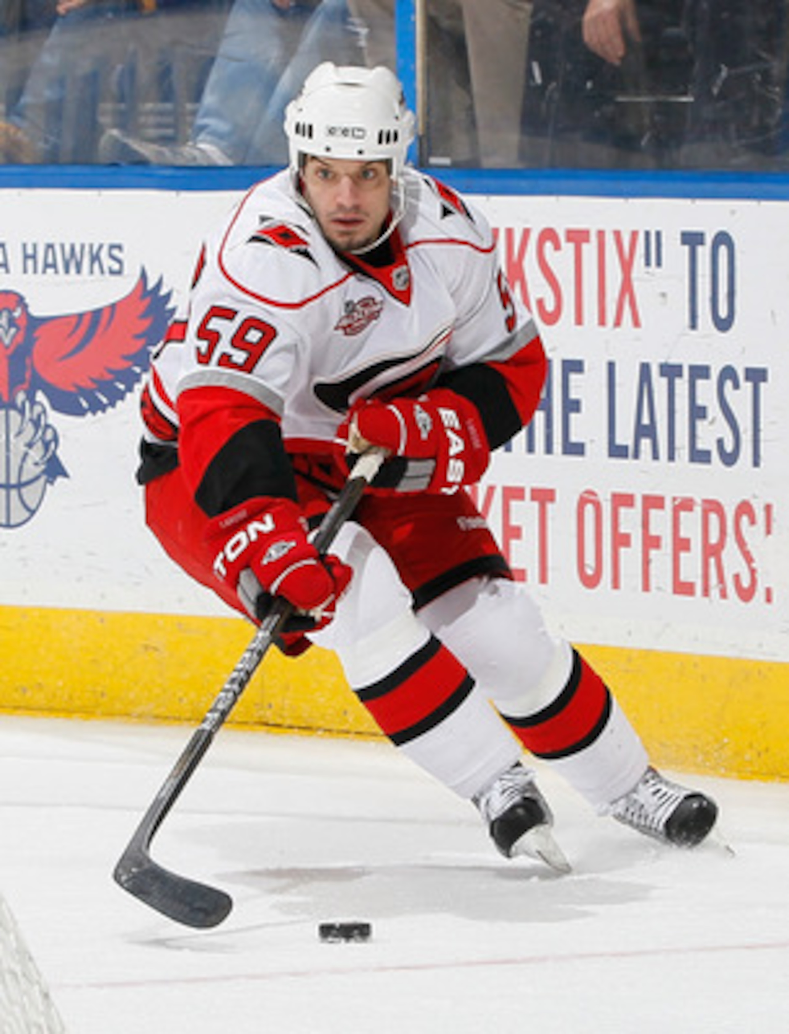 ATLANTA, GA - DECEMBER 16:  Chad LaRose #59 of the Carolina Hurricanes against the Atlanta Thrashers at Philips Arena on December 16, 2010 in Atlanta, Georgia.  (Photo by Kevin C. Cox/Getty Images)