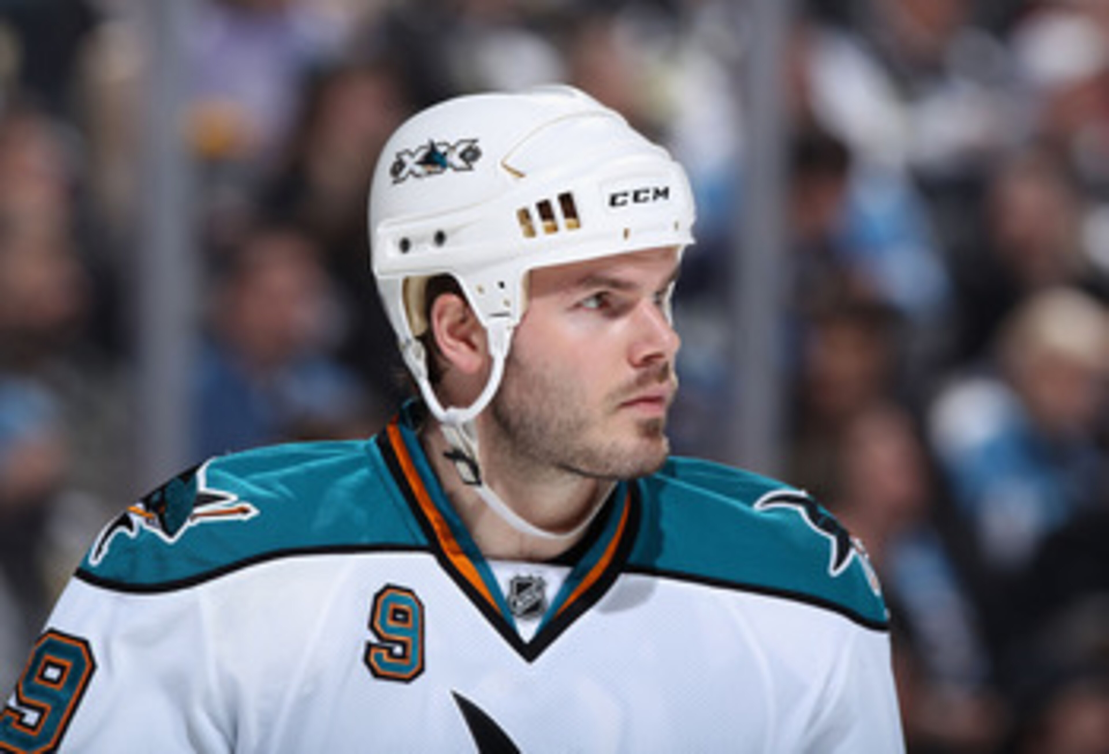 PITTSBURGH, PA - FEBRUARY 23:  Ian White #9 of the San Jose Sharks during the NHL game against the Pittsburgh Penguins at Consol Energy Center on February 23, 2011 in Pittsburgh, Pennsylvania. The Sharks defeated the Penguins 3-2 in overtime.  (Photo by C