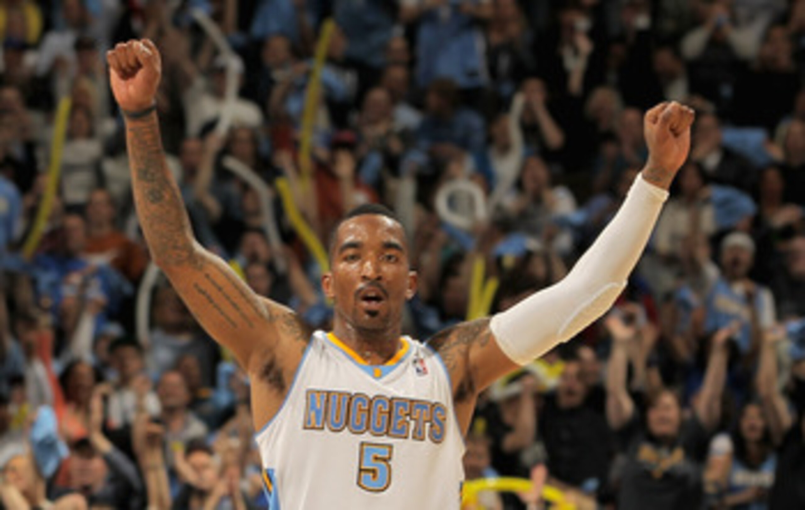 DENVER, CO - APRIL 25: J.R. Smith #5 of the Denver Nuggets reacts after scoring against the Oklahoma City Thunder in Game Four of the Western Conference Quarterfinals in the 2011 NBA Playoffs on April 24, 2011 at the Pepsi Center in Denver, Colorado. NOT DENVER, CO - APRIL 25: J.R. Smith #5 of the Denver Nuggets reacts after scoring against the Oklahoma City Thunder in Game Four of the Western Conference Quarterfinals in the 2011 NBA Playoffs on April 24, 2011 at the Pepsi Center in Denver, Colorado. NOT