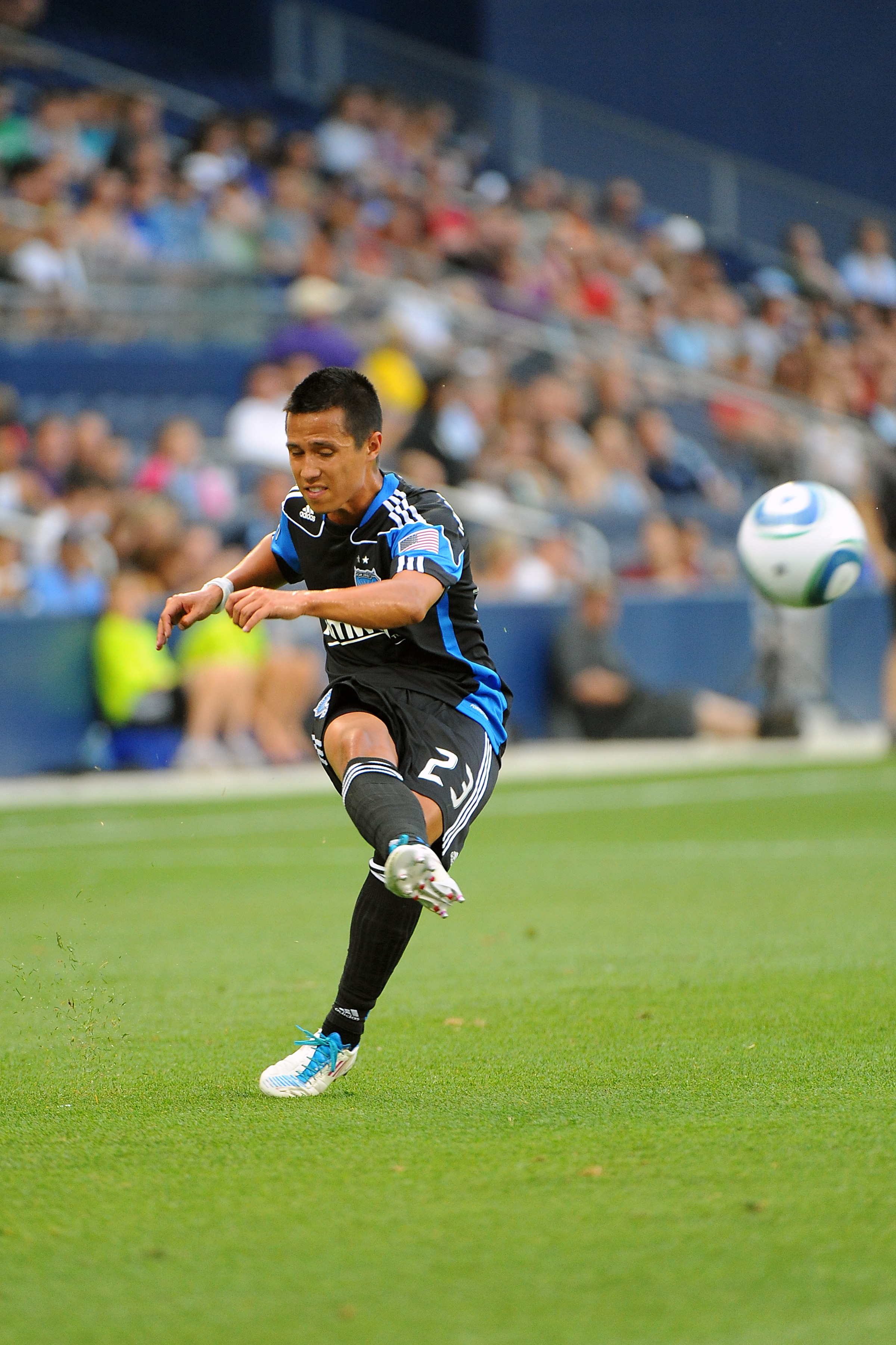 KANSAS CITY, KS - JUNE 17:  Anthony Ampaipitakwong #23 of the San Jose Earthquakes takes a kick against Sporting Kansas City on June 17, 2011 at LiveStrong Sporting Park in Kansas City, Kansas. (Photo by G. Newman Lowrance/Getty Images)