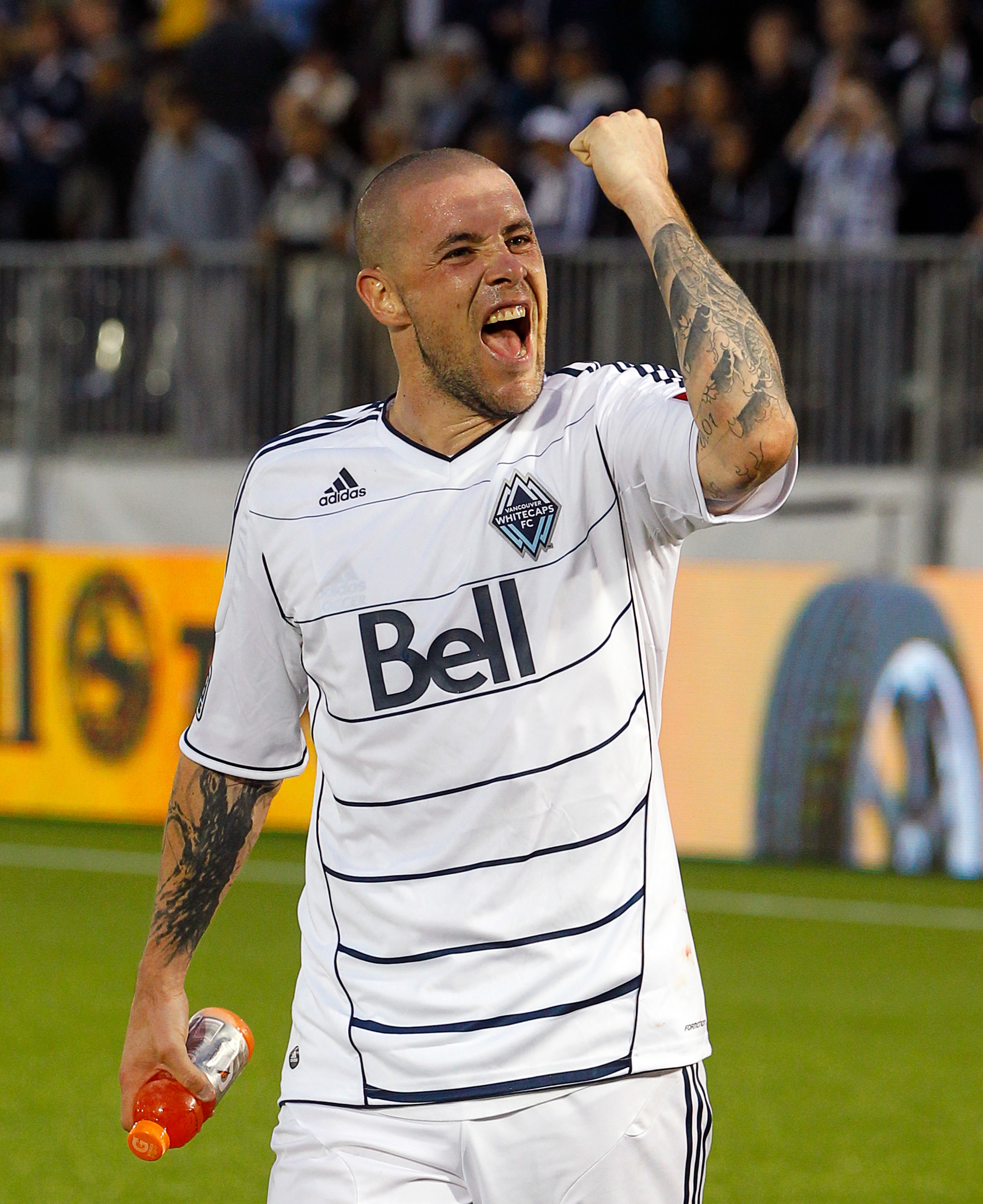 VANCOUVER, CANADA - JUNE 18:  Eric Hassli #29 of the Vancouver Whitecaps FC celebrates their win over the Philadelphia Union during their MLS game at Empire Field on June 18, 2011 in Vancouver, British Columbia, Canada. Vancouver won 1-0.  (Photo by Jeff