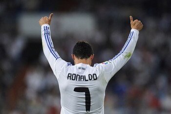 MADRID, SPAIN - MAY 21:  Cristiano Ronaldo of Real Madrid celebrates after scoring his 2nd goal during the La Liga match between Real Madrid and UD Almeria at Estadio Santiago Bernabeu on May 21, 2011 in Madrid, Spain.  (Photo by Denis Doyle/Getty Images)