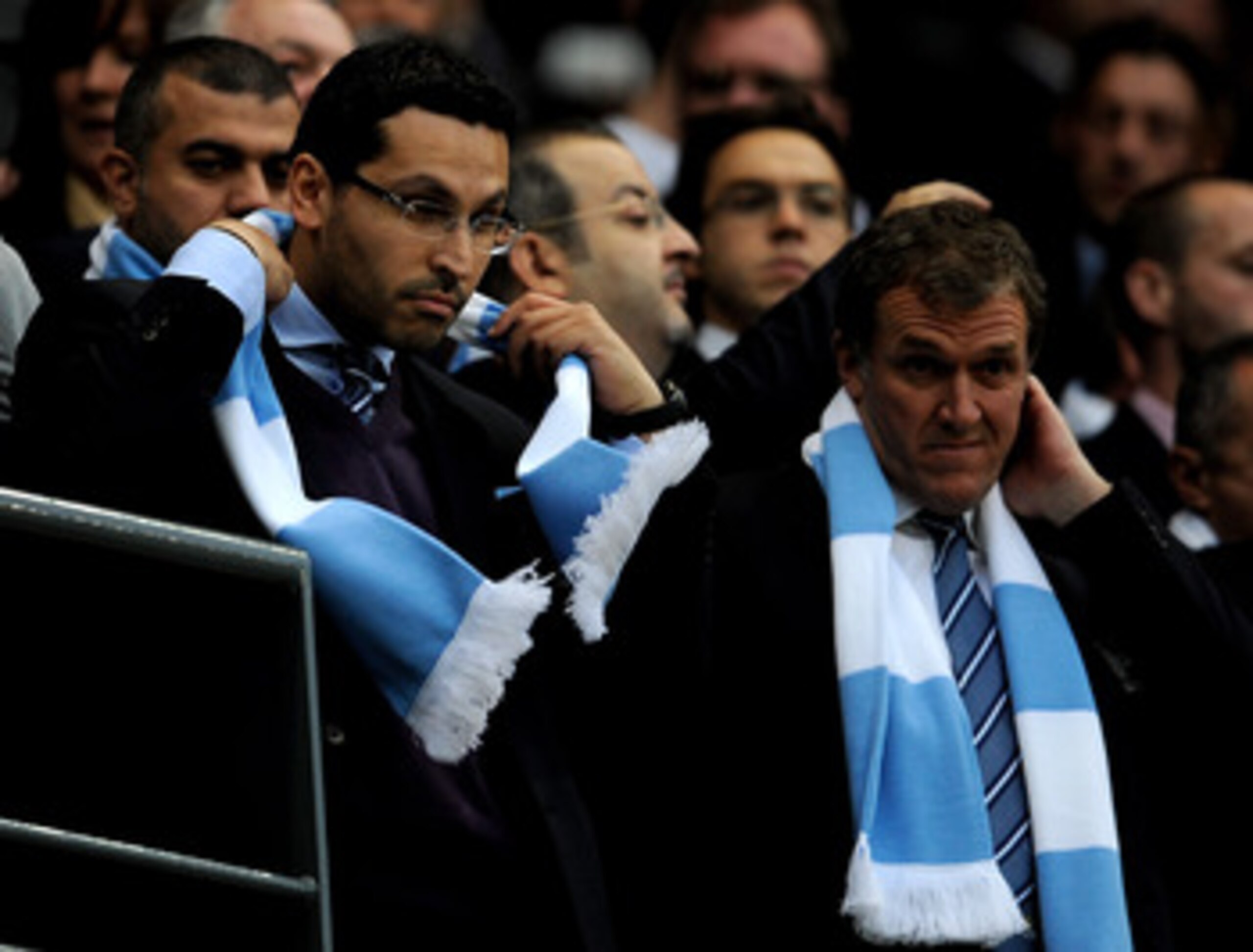 MANCHESTER, UNITED KINGDOM - MAY 05:  Manchester City Chairman Khaldoon al-Mubarak (L) and Chief Executive Garry Cook wait for the game to start prior to the the Barclays Premier League match between Manchester City and Tottenham Hotspur at the City of Ma