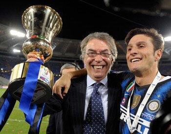 ROME, ITALY - MAY 29:  FC Internazionale Milano President Massimo Moratti and Javier Zanetti celebrates after victory in the Tim Cup final during the Tim Cup final between FC Internazionale Milano and US Citta di Palermo at Olimpico Stadium on May 29, 201