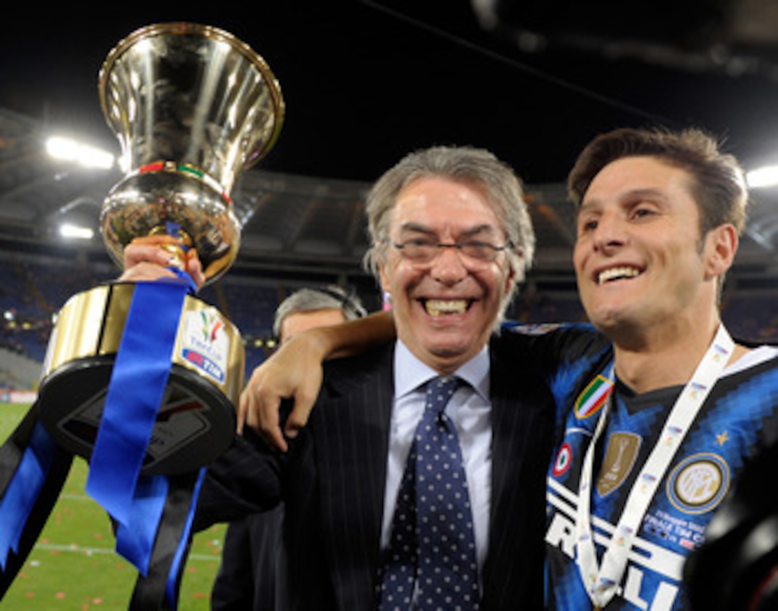 ROME, ITALY - MAY 29:  FC Internazionale Milano President Massimo Moratti and Javier Zanetti celebrates after victory in the Tim Cup final during the Tim Cup final between FC Internazionale Milano and US Citta di Palermo at Olimpico Stadium on May 29, 201